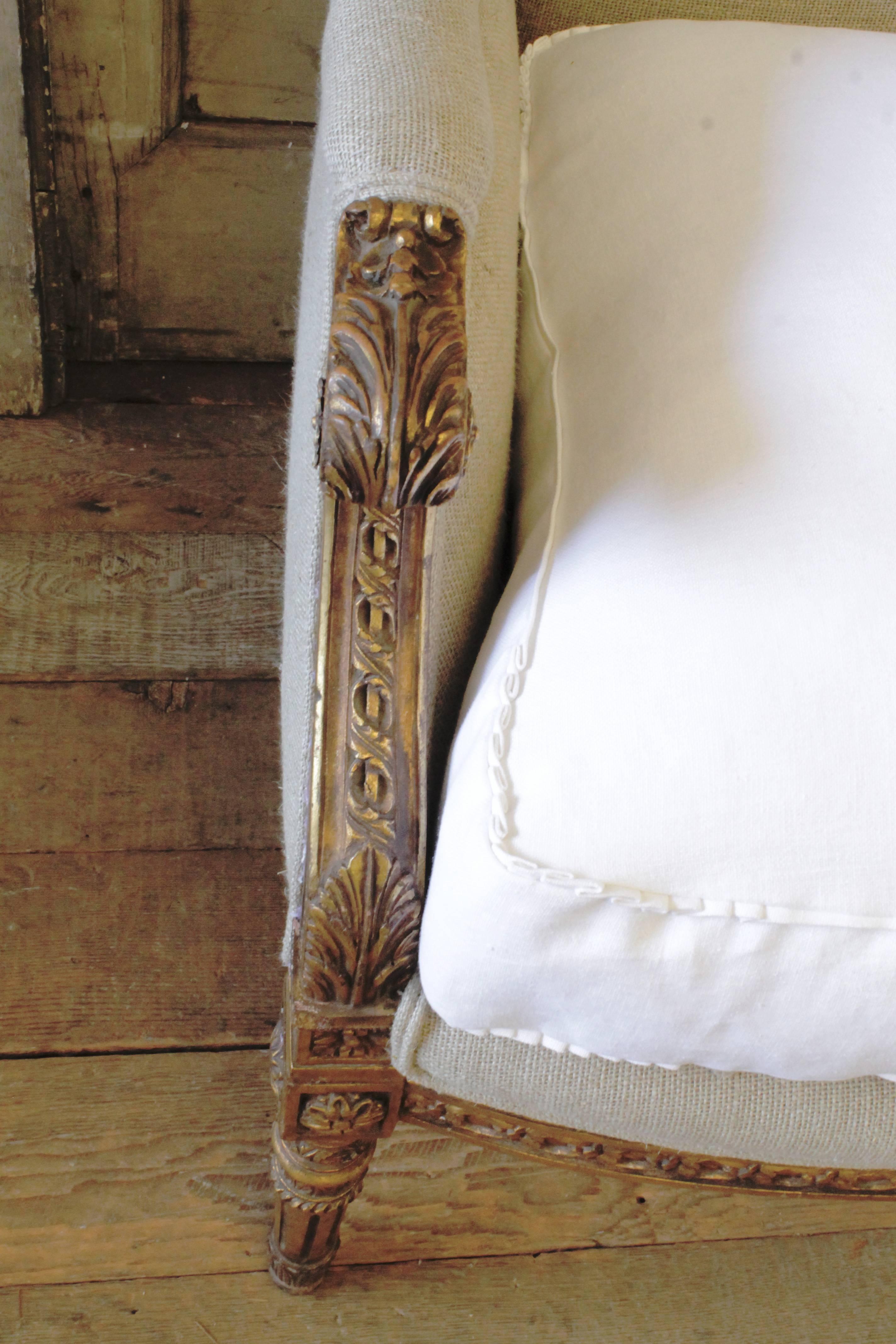 20th Century Louis XVI Style Giltwood French Sofa Settee in Irish Linen
