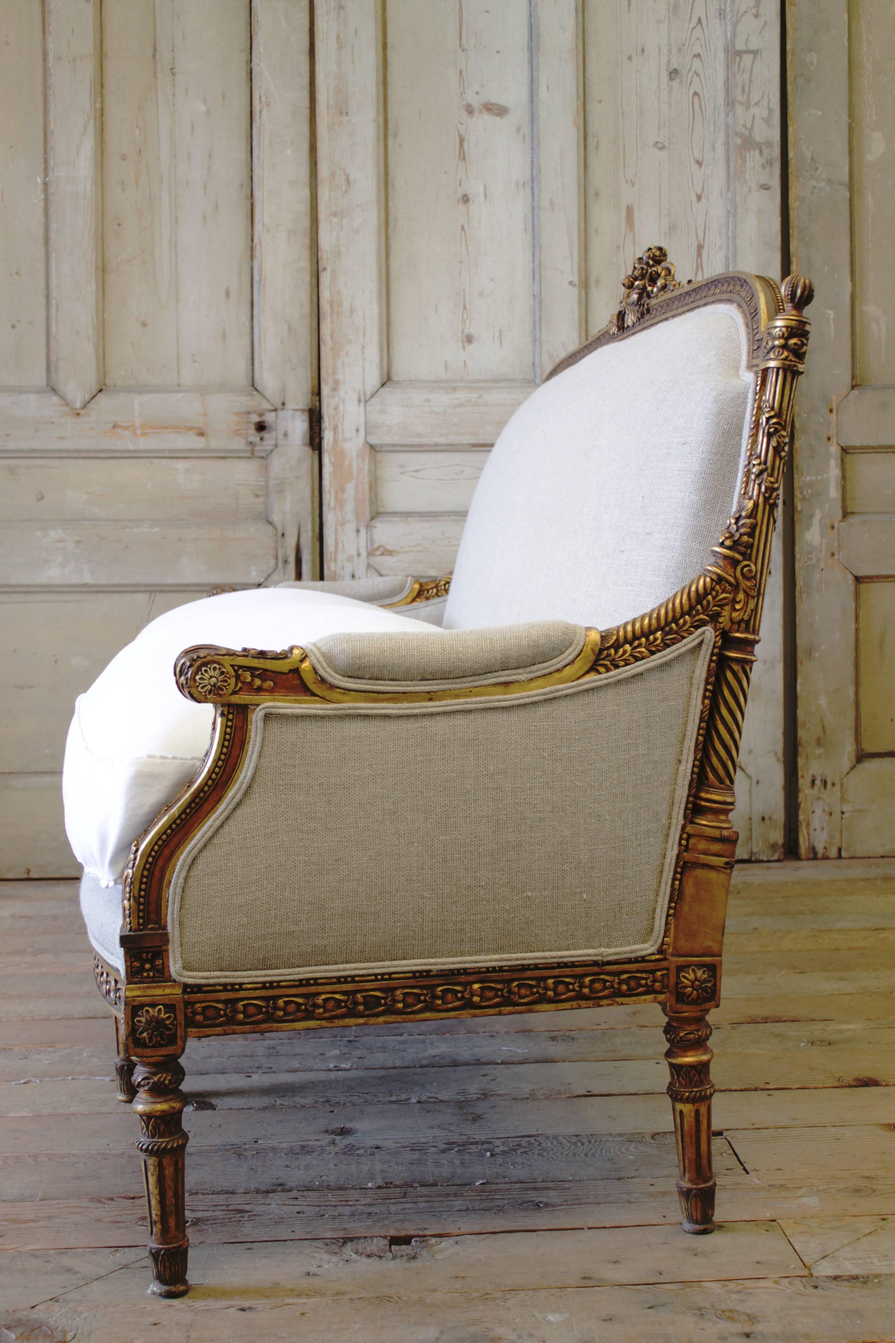 Louis XVI Style Giltwood French Sofa Settee in Irish Linen 1
