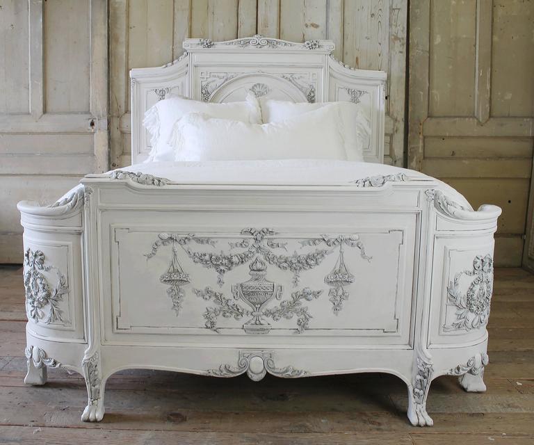 19th Century Queen Painted Antique French Renaissance Style Bed Rose ...