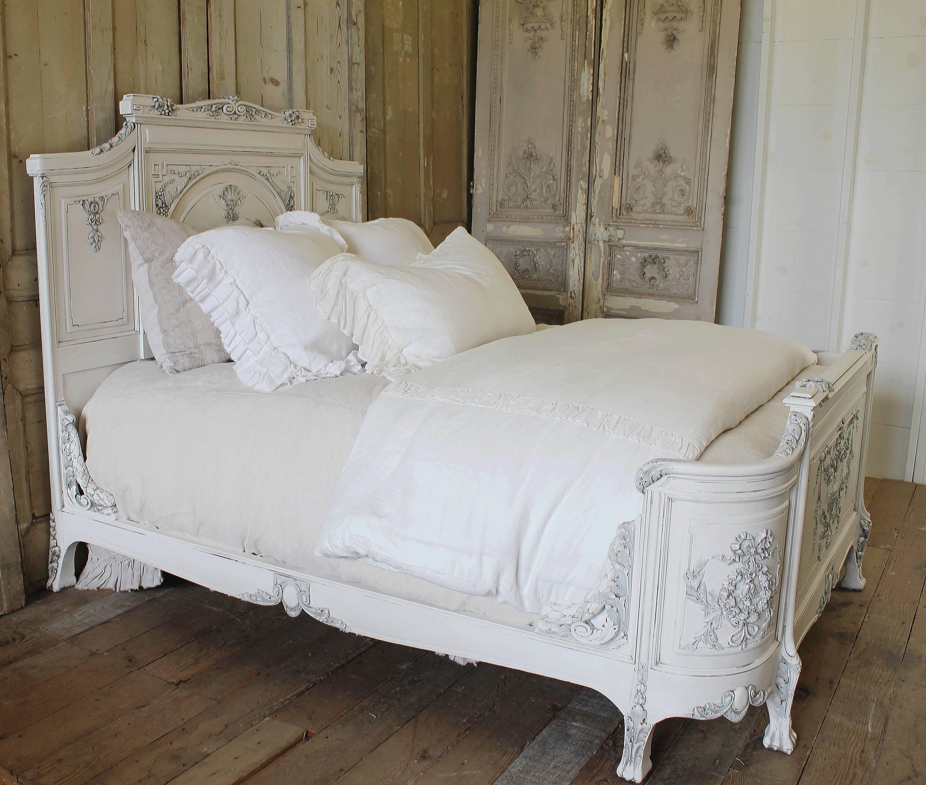 Carved 19th Century Queen Painted Antique French Renaissance Style Bed Rose Carvings