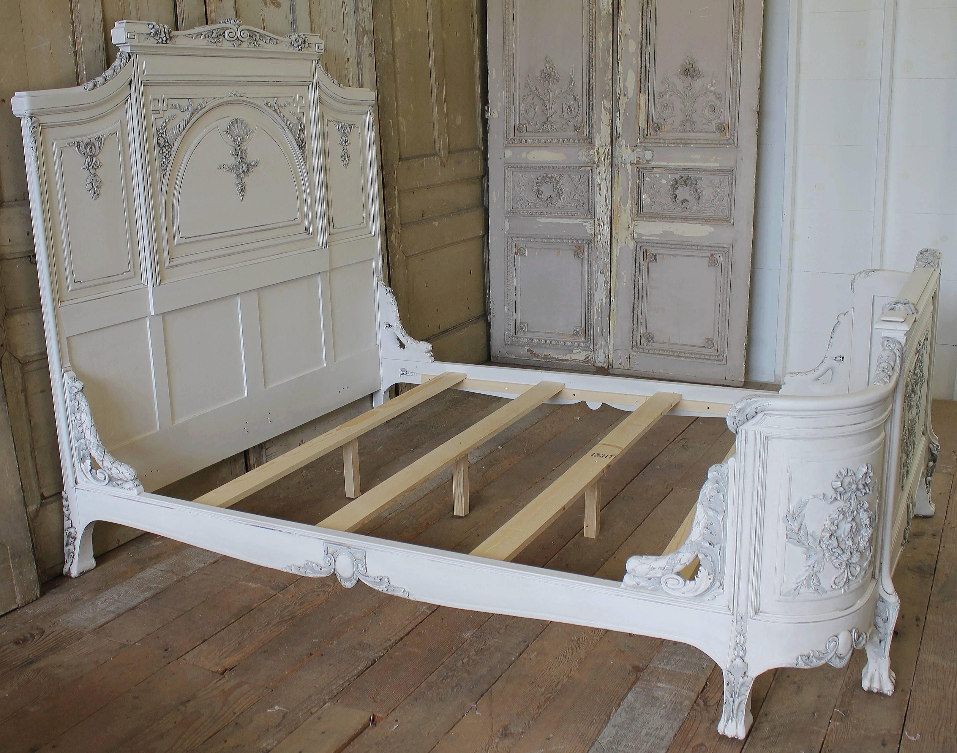 19th Century Queen Painted Antique French Renaissance Style Bed Rose Carvings 3