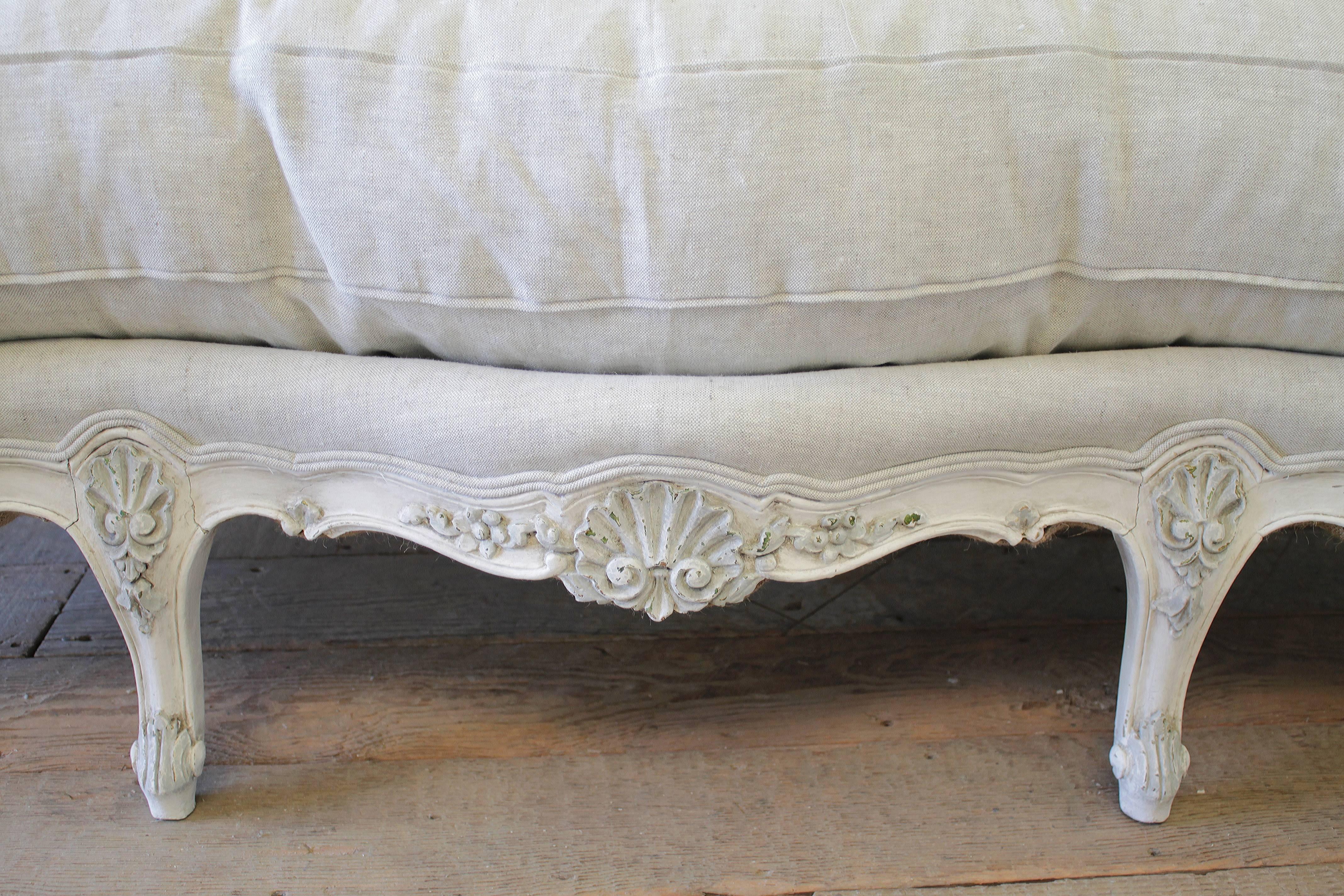 Glazed Antique Painted French Sofa in the Louis XV Style Upholstered in Belgian Linen