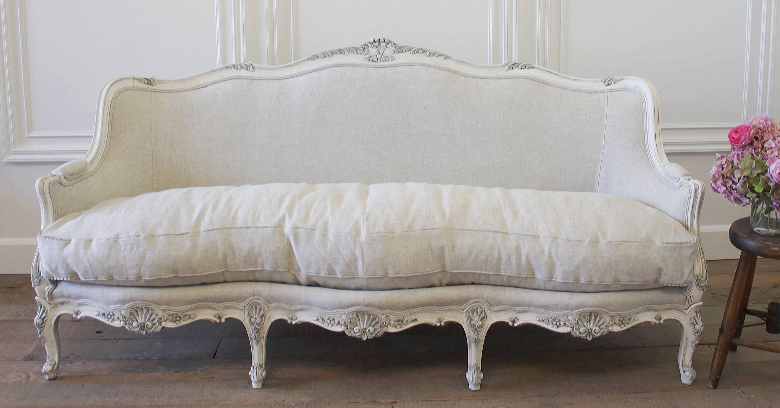 Antique Painted French Sofa in the Louis XV Style Upholstered in Belgian Linen 1