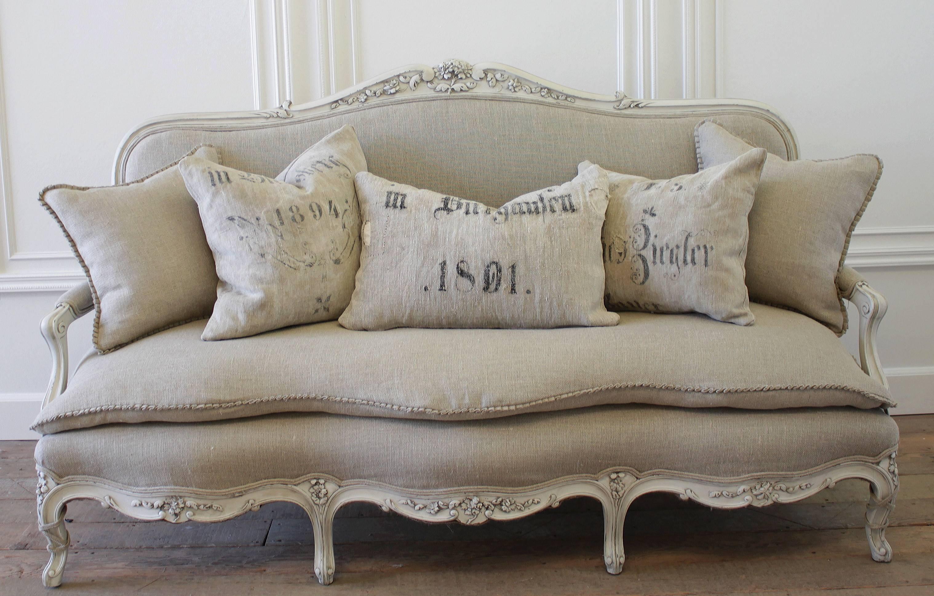 19th Century Antique Painted French Country Louis XV Style Sofa Settee in Irish Linen