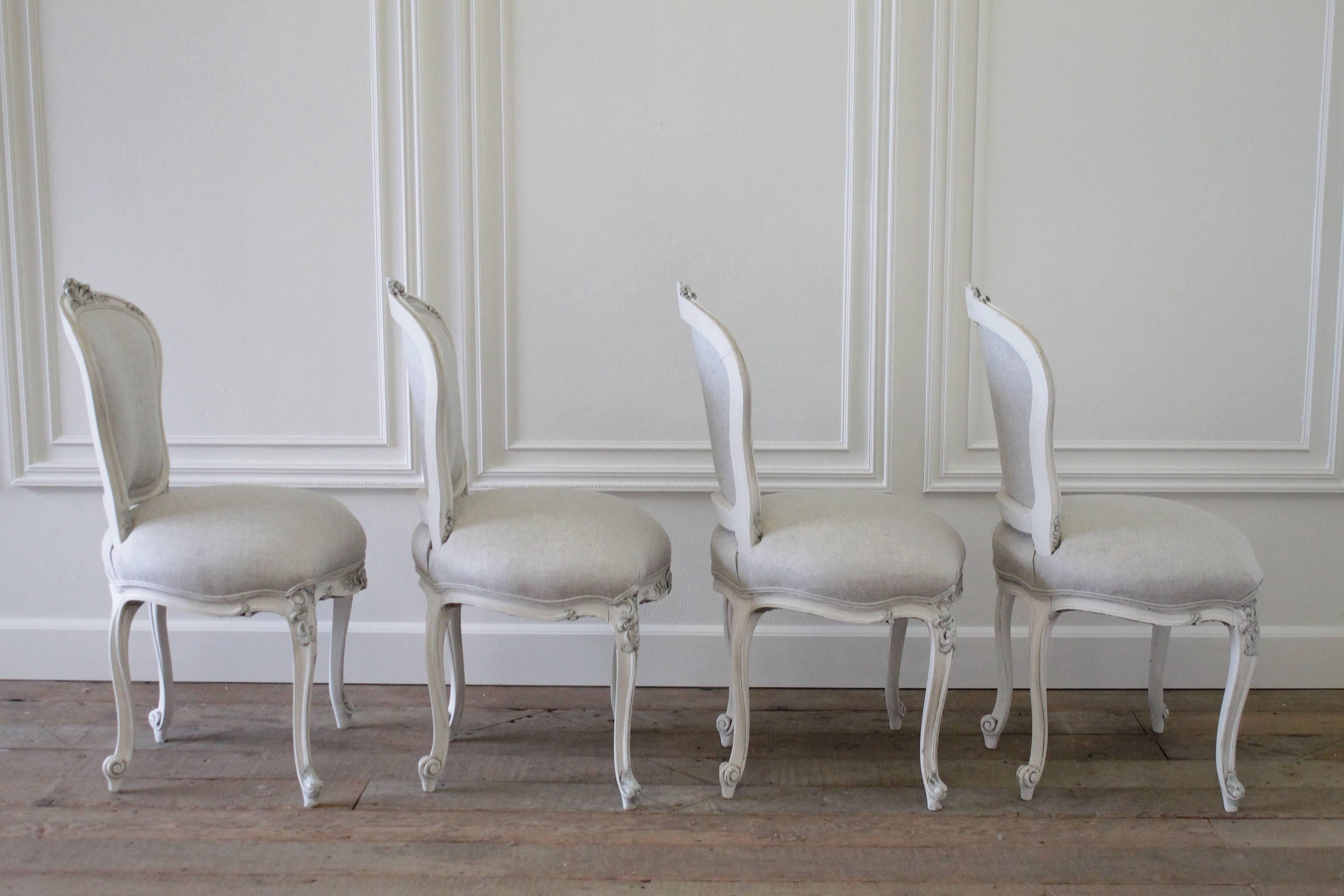 Cotton Set of Four Antique French Rococo Painted Dining Chairs