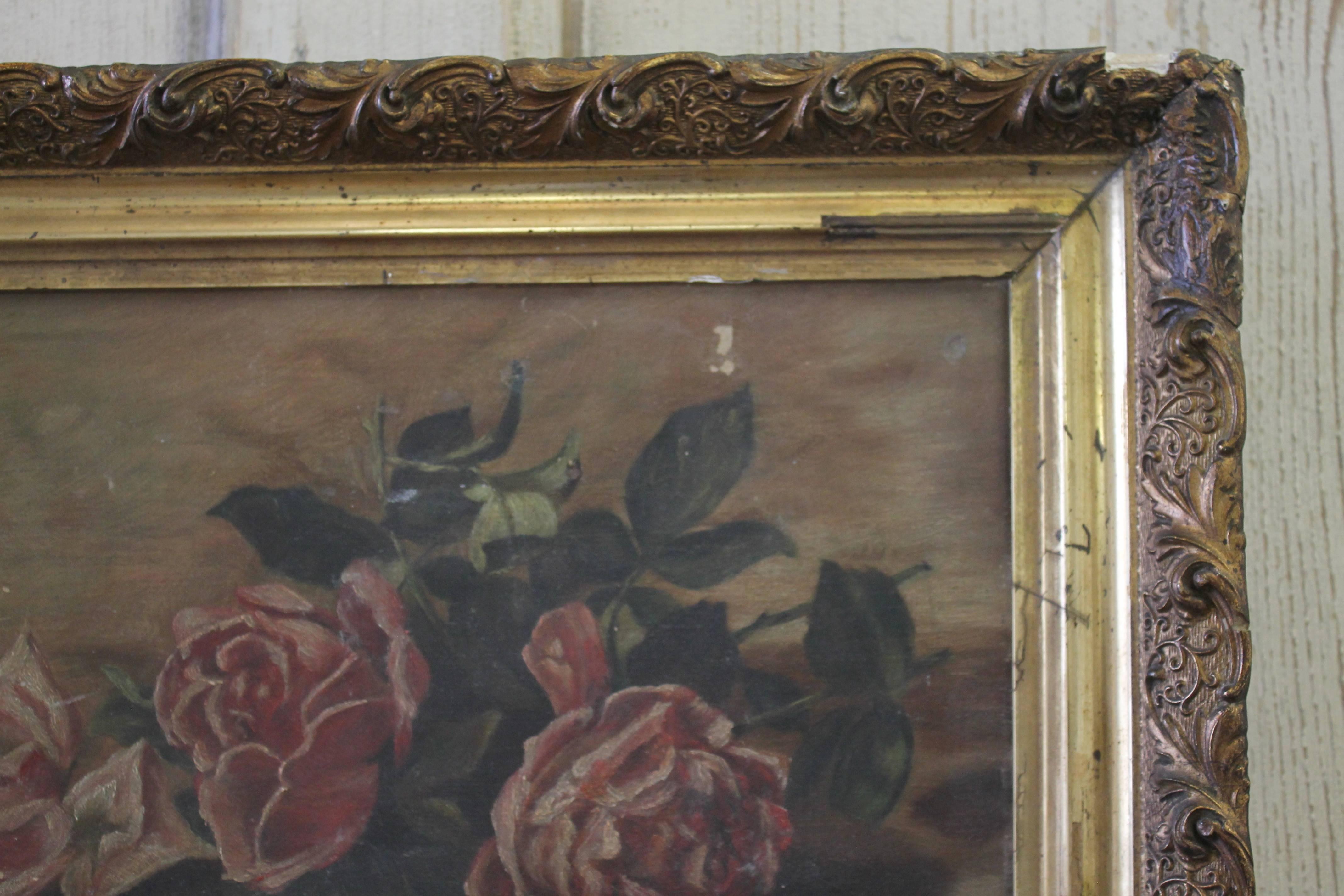 Beautiful antique roses oil, circa 1890-1910.
Canvas, with a beautiful giltwood frame. The canvas has some areas where is has been scratched or scraped, see photo details.
Measures: 14 x 18 x 3.