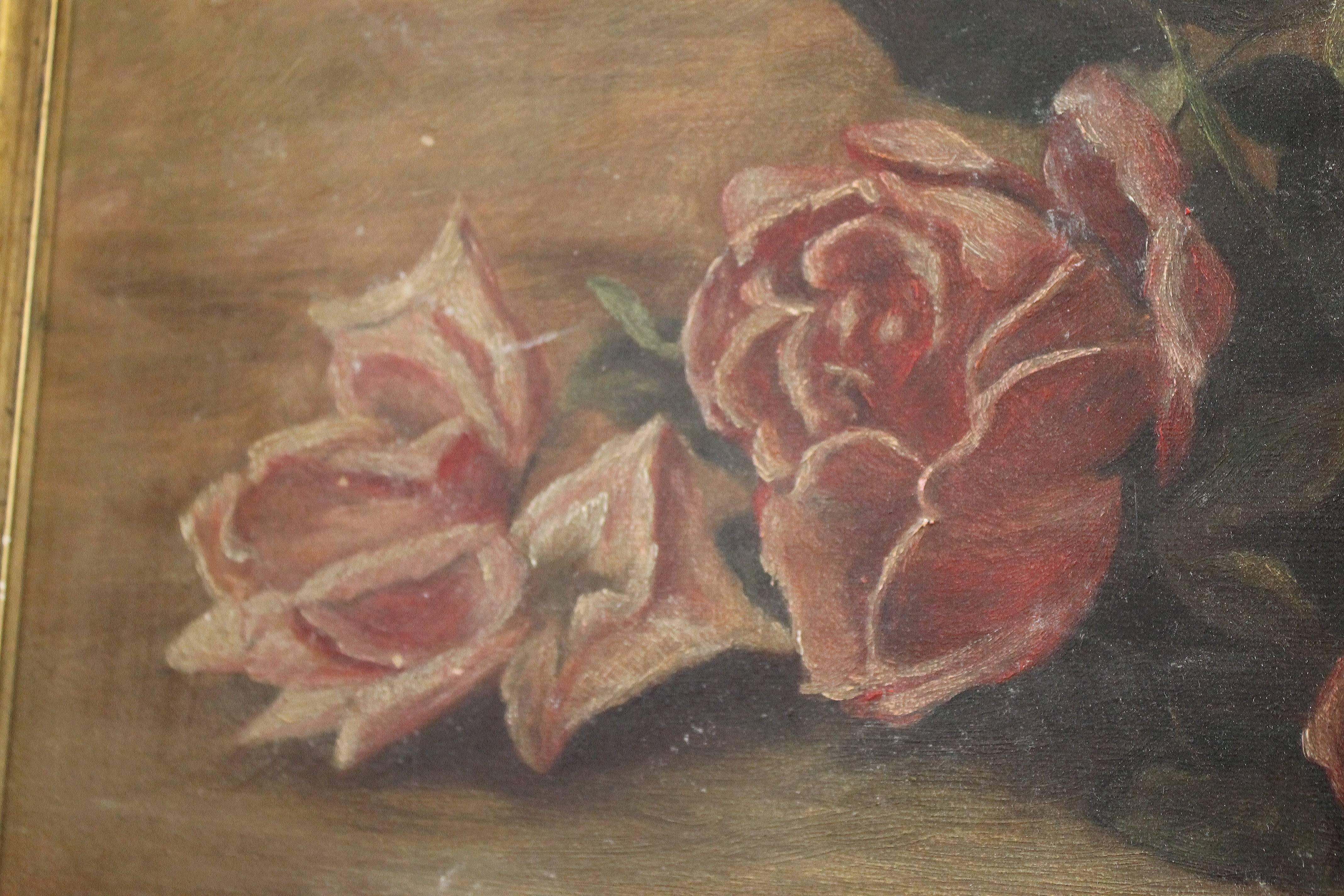 French Antique Roses Oil on Canvas Painting in Giltwood Frame