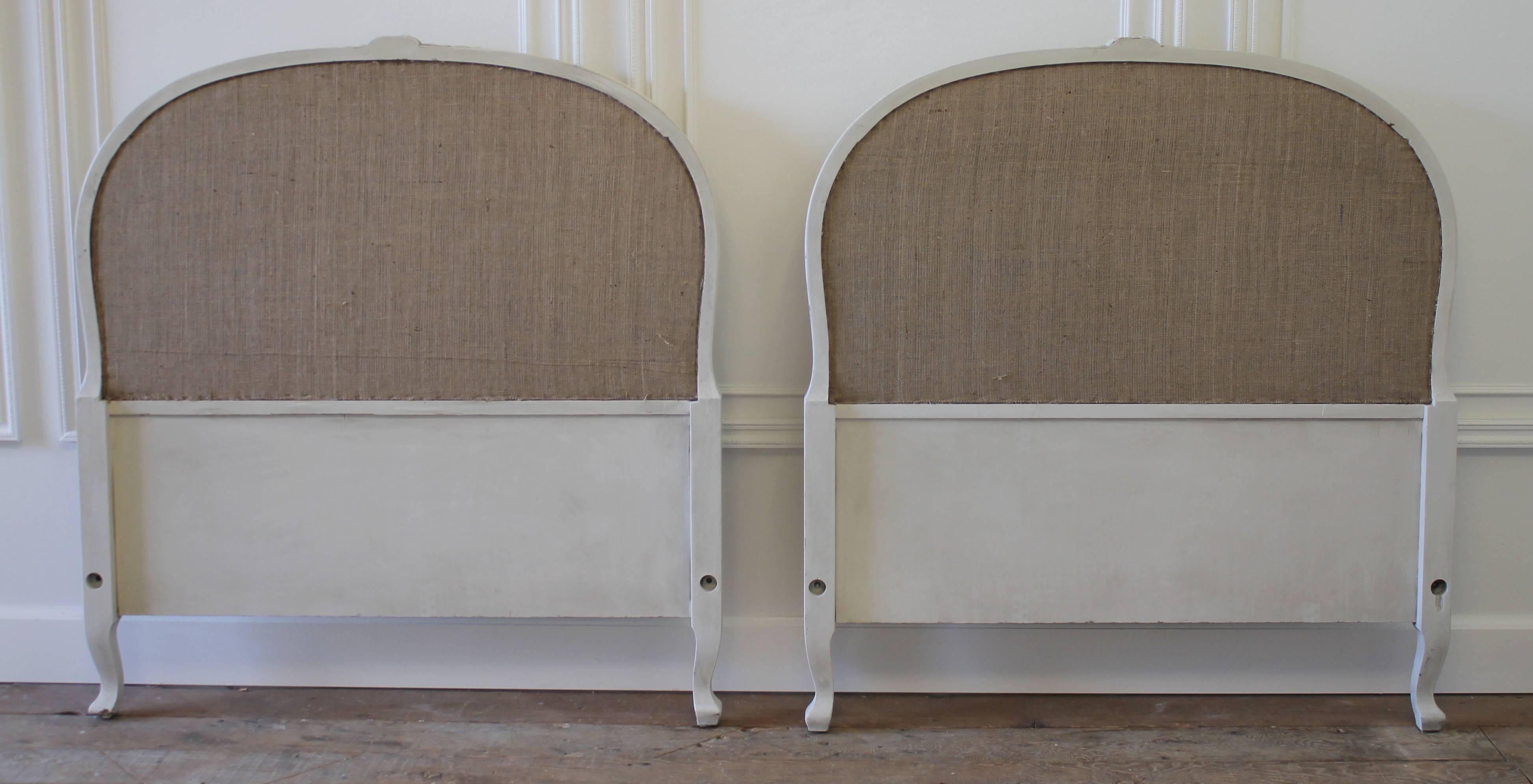 Carved Pair of French Painted and Upholstered Twin Headboards