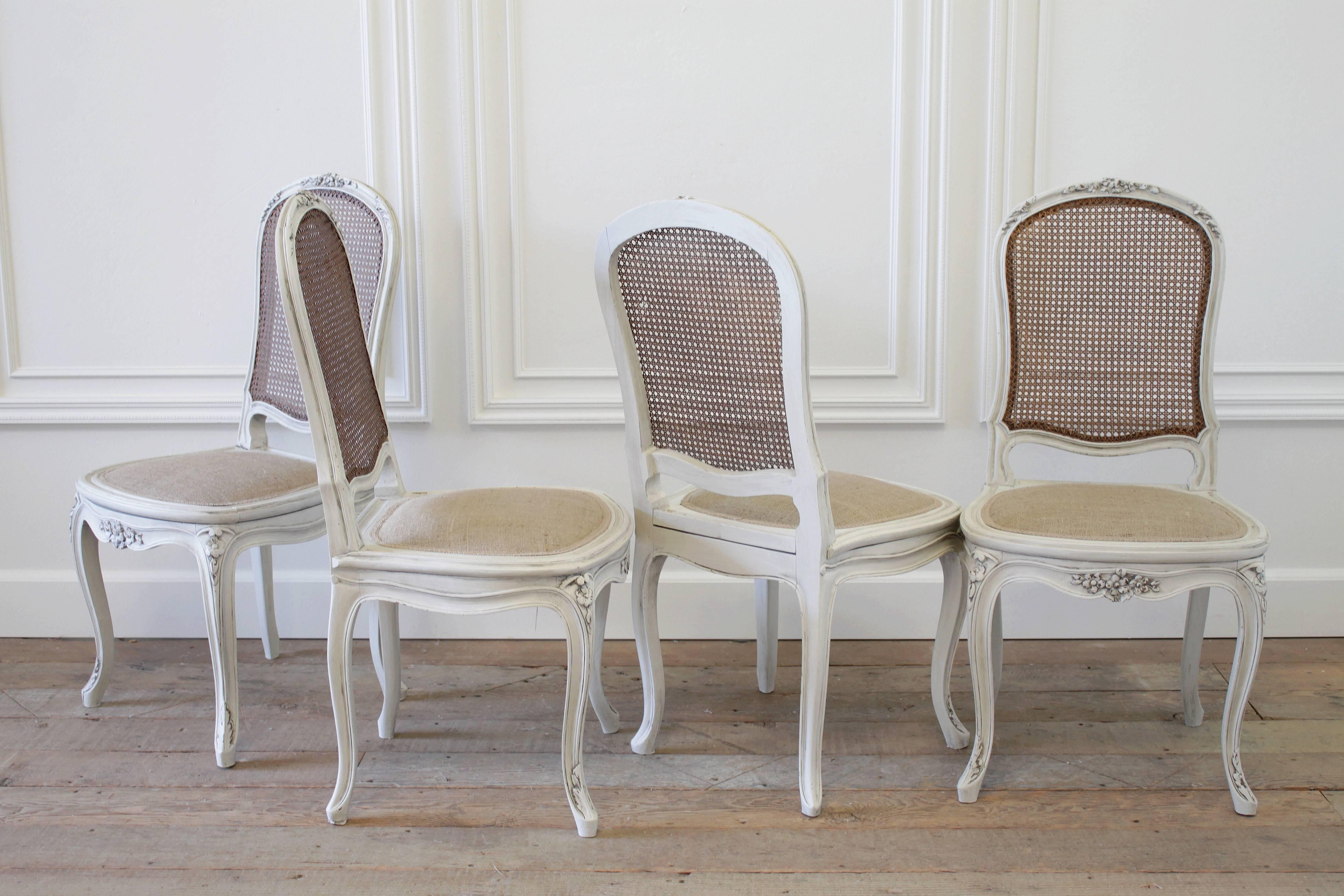 19th Century Set of Four Louis XV Style French Painted Cane Back Dining Chairs
