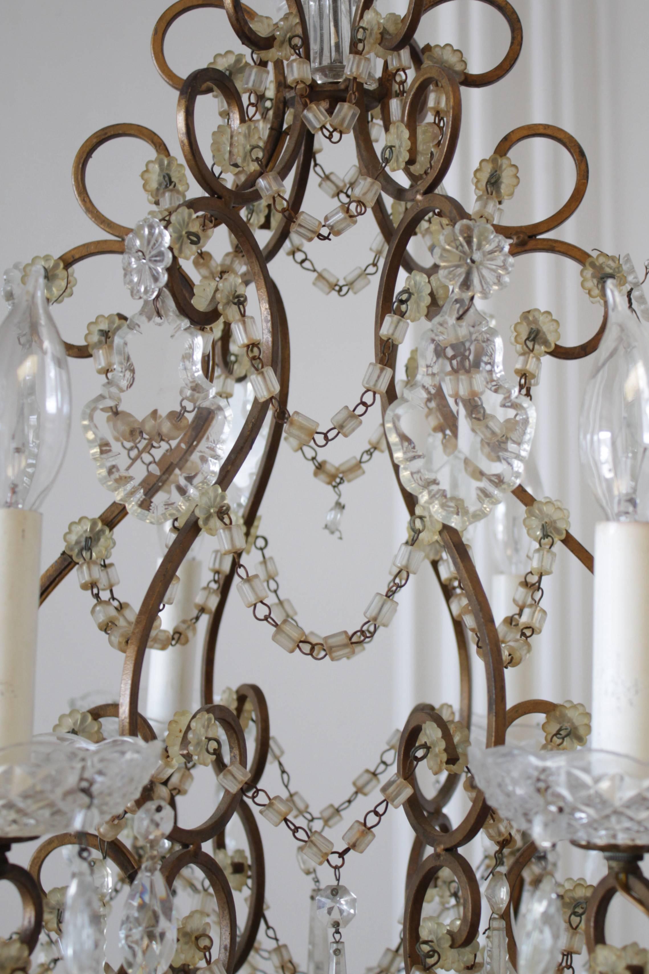 Gilt Antique French Macaroni Beaded Chandelier with Crystals