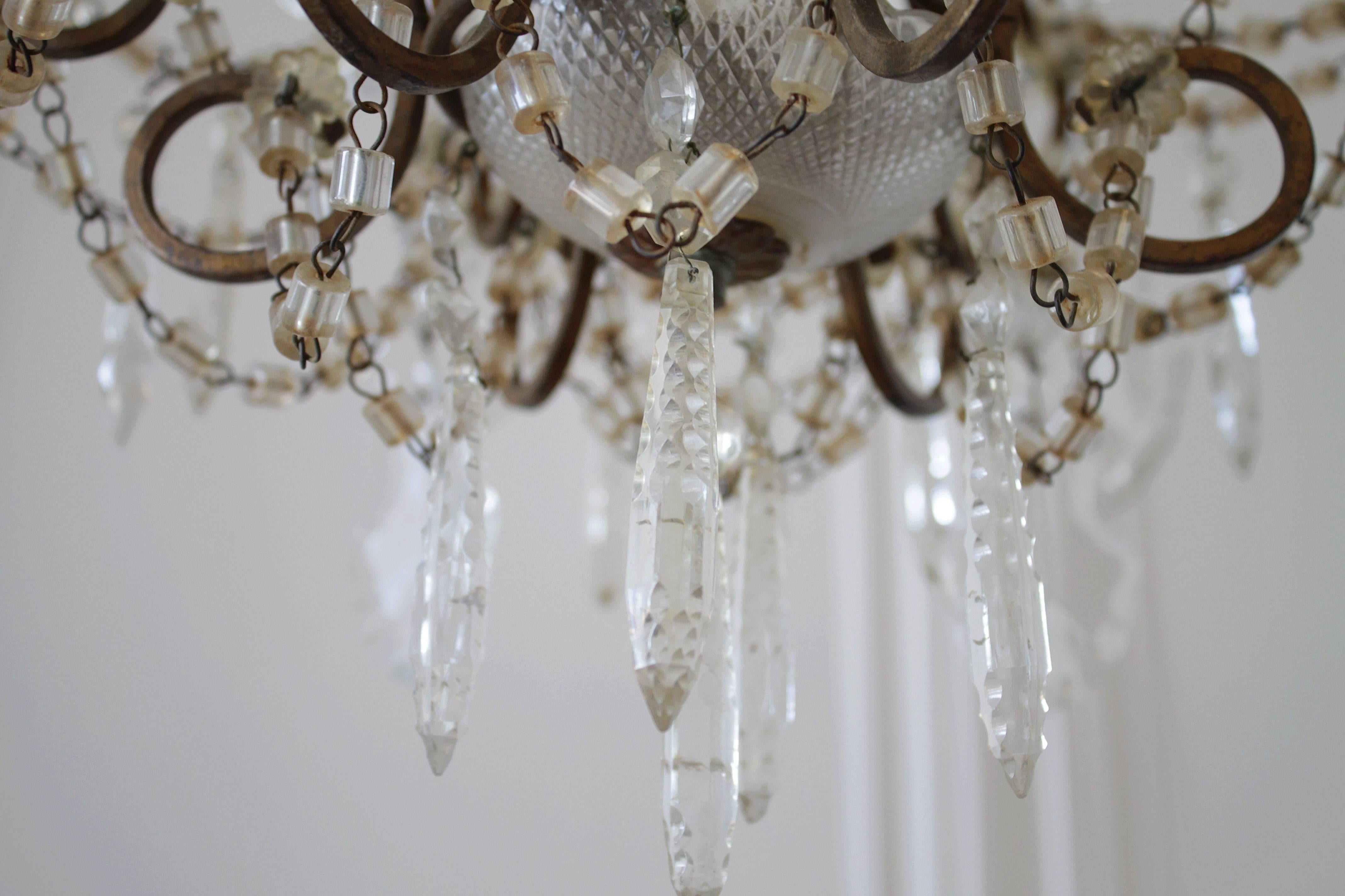 Antique French Macaroni Beaded Chandelier with Crystals In Good Condition In Brea, CA