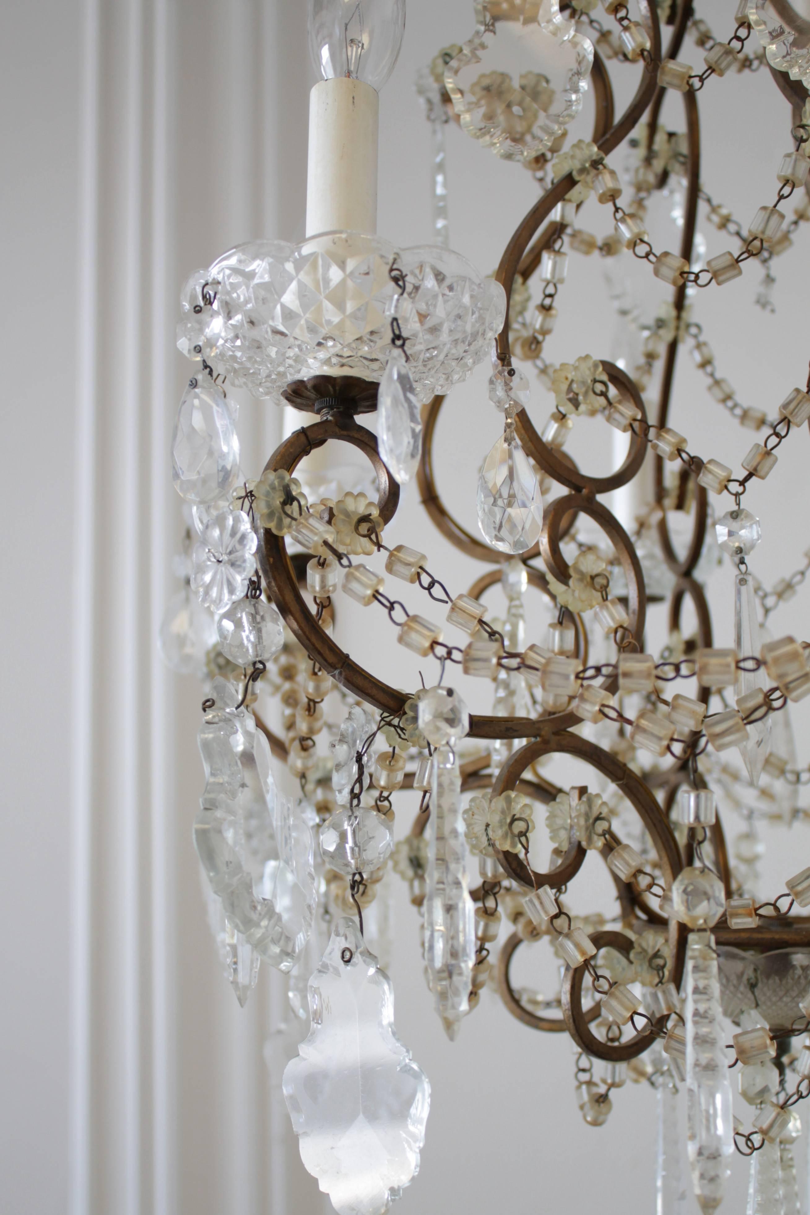 20th Century Antique French Macaroni Beaded Chandelier with Crystals