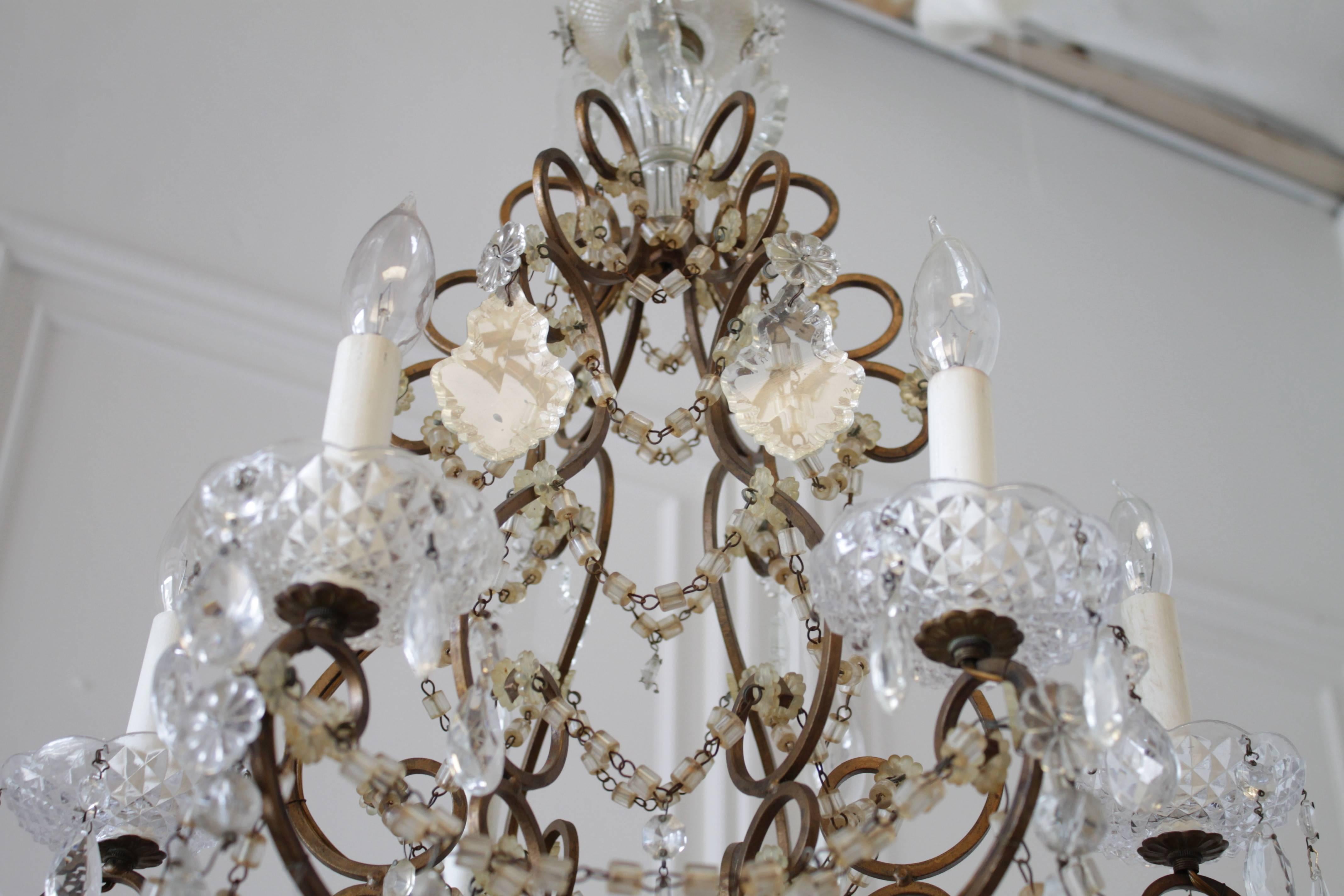 Brass Antique French Macaroni Beaded Chandelier with Crystals