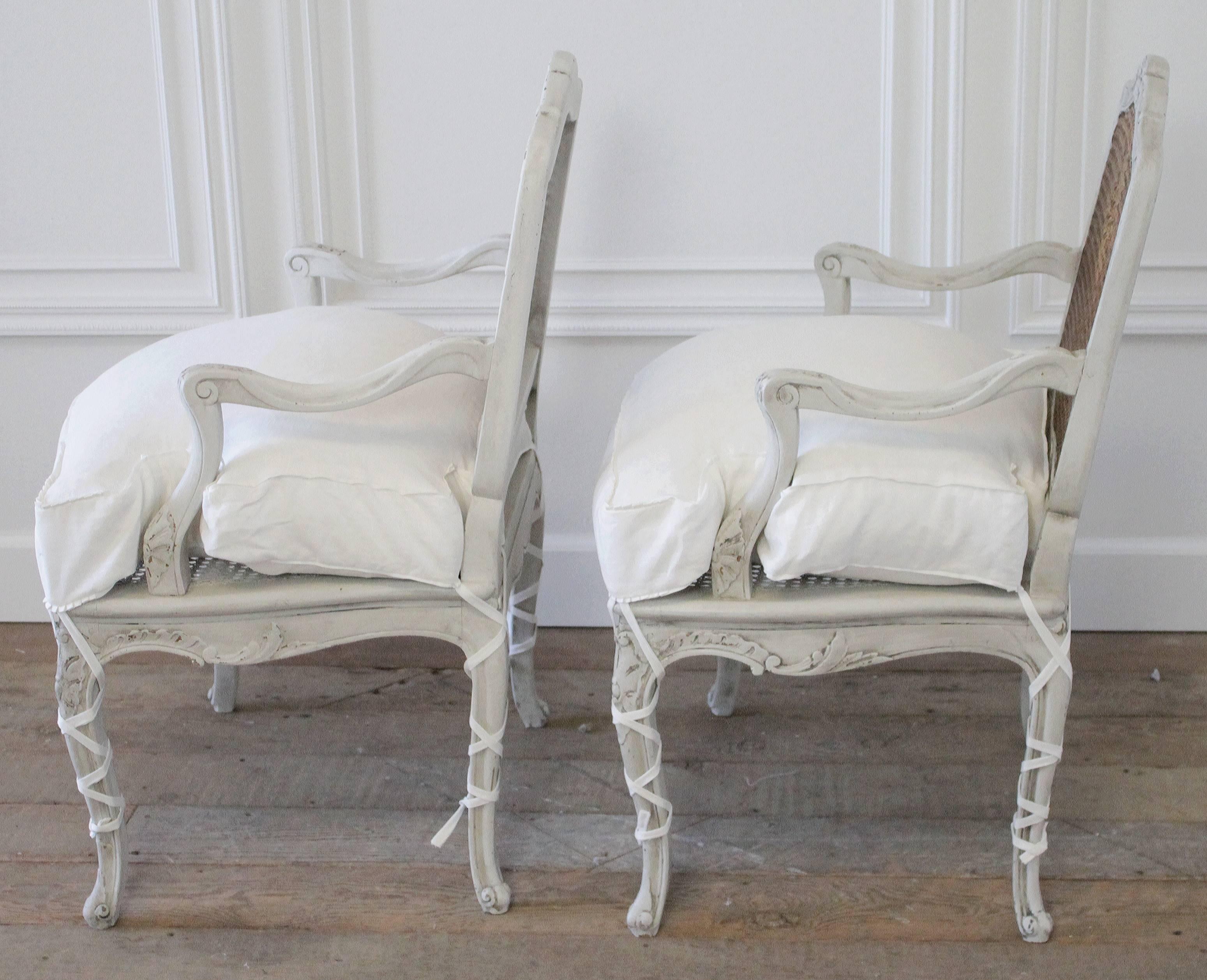 Carved Pair of 19th Century French Cane Louis XV Chairs with Linen Slip Covered Cushion