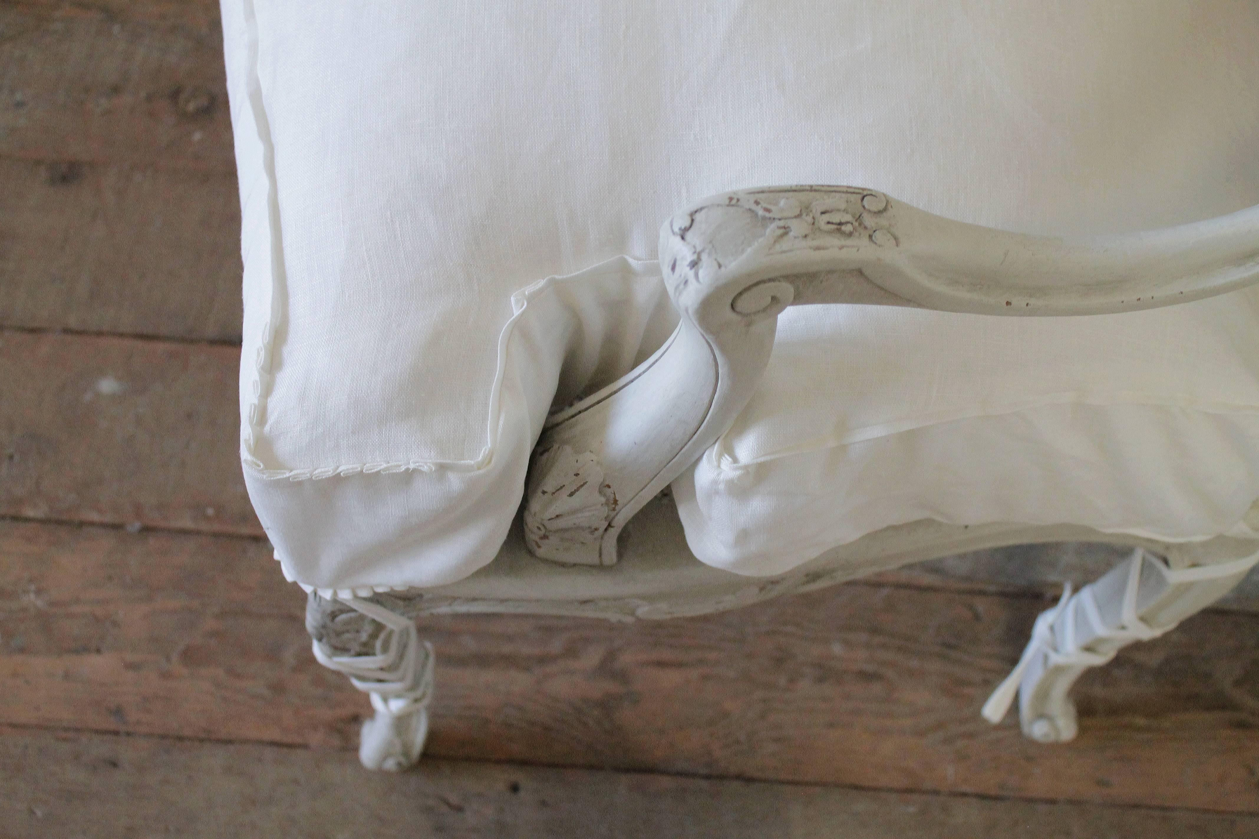 Pair of 19th Century French Cane Louis XV Chairs with Linen Slip Covered Cushion In Good Condition In Brea, CA