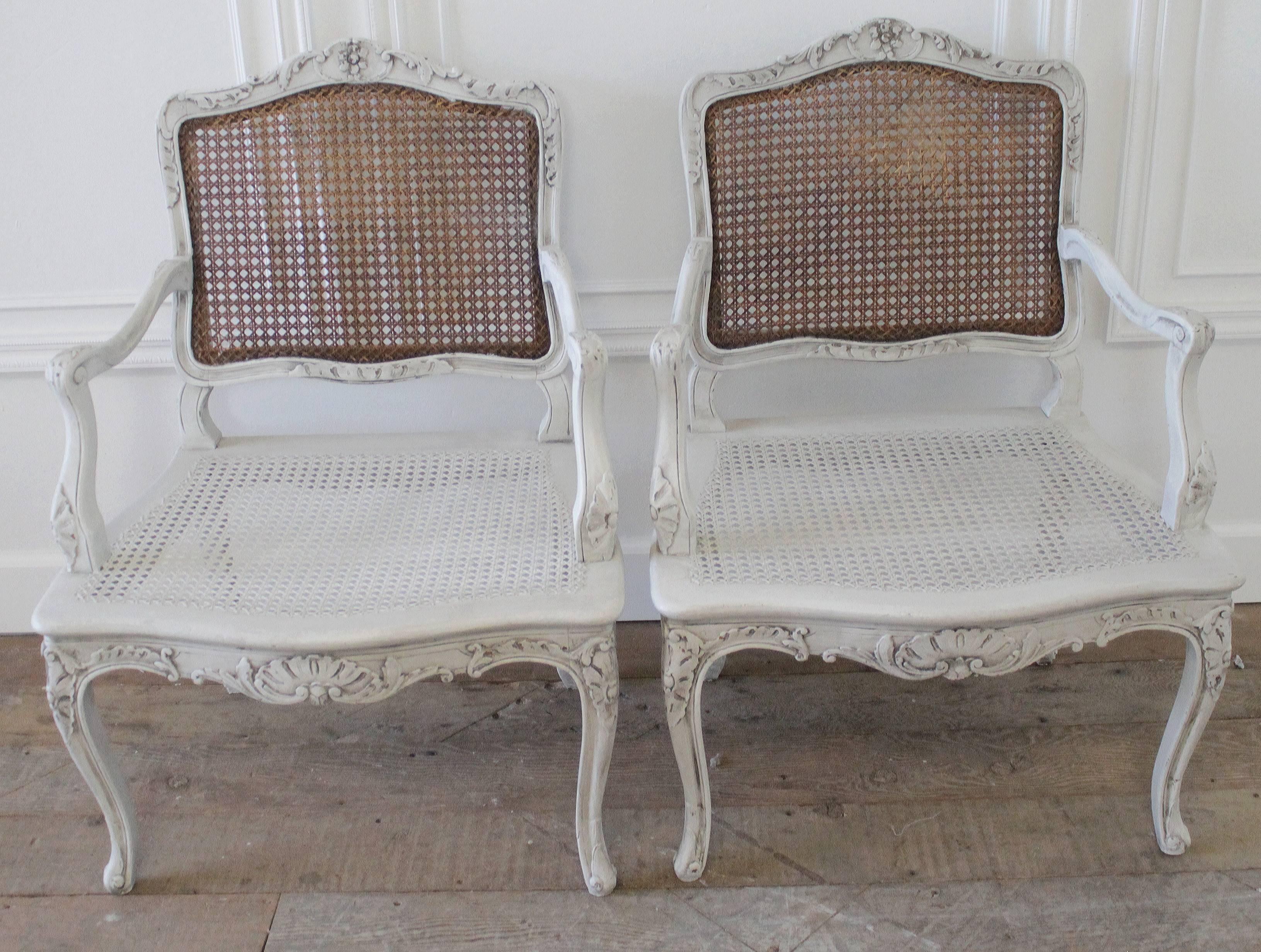 Pair of 19th Century French Cane Louis XV Chairs with Linen Slip Covered Cushion 3