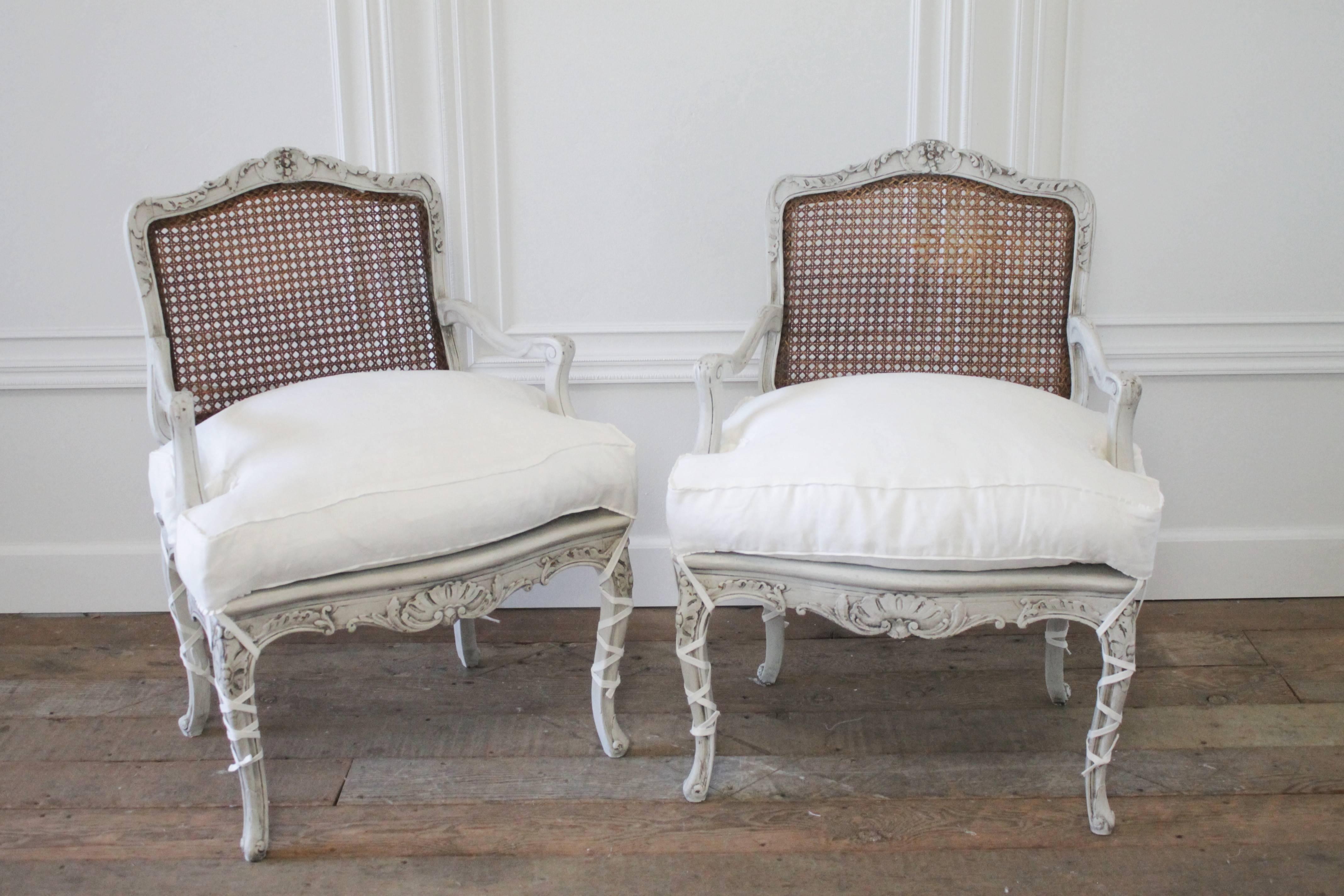 Pair of 19th Century French Cane Louis XV Chairs with Linen Slip Covered Cushion 4