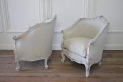 Pair of French Painted Louis XV Style Bergere Chairs in Natural Belgian Linen