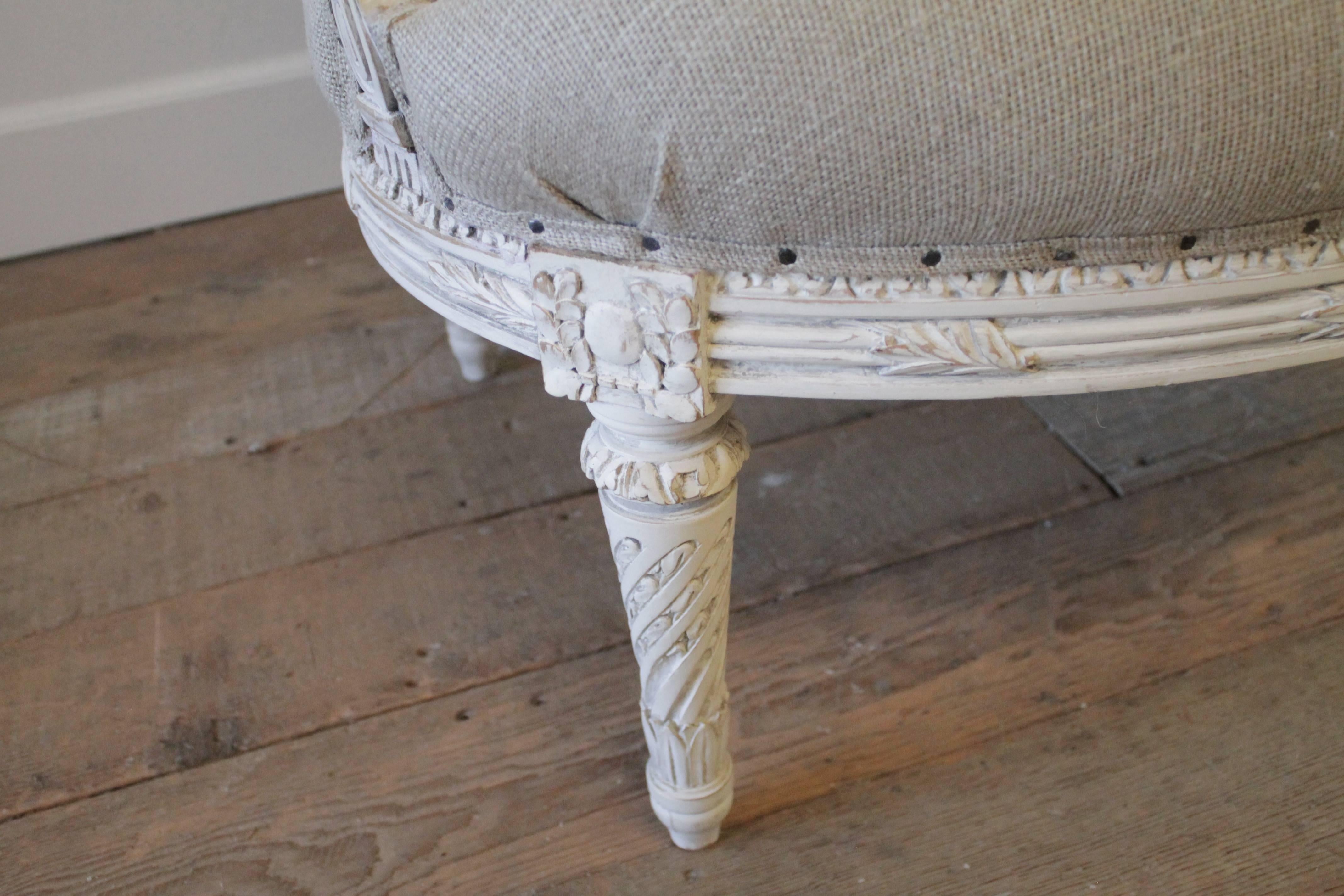 20th Century Louis XVI Style French Painted Armchairs in Nubby Linen