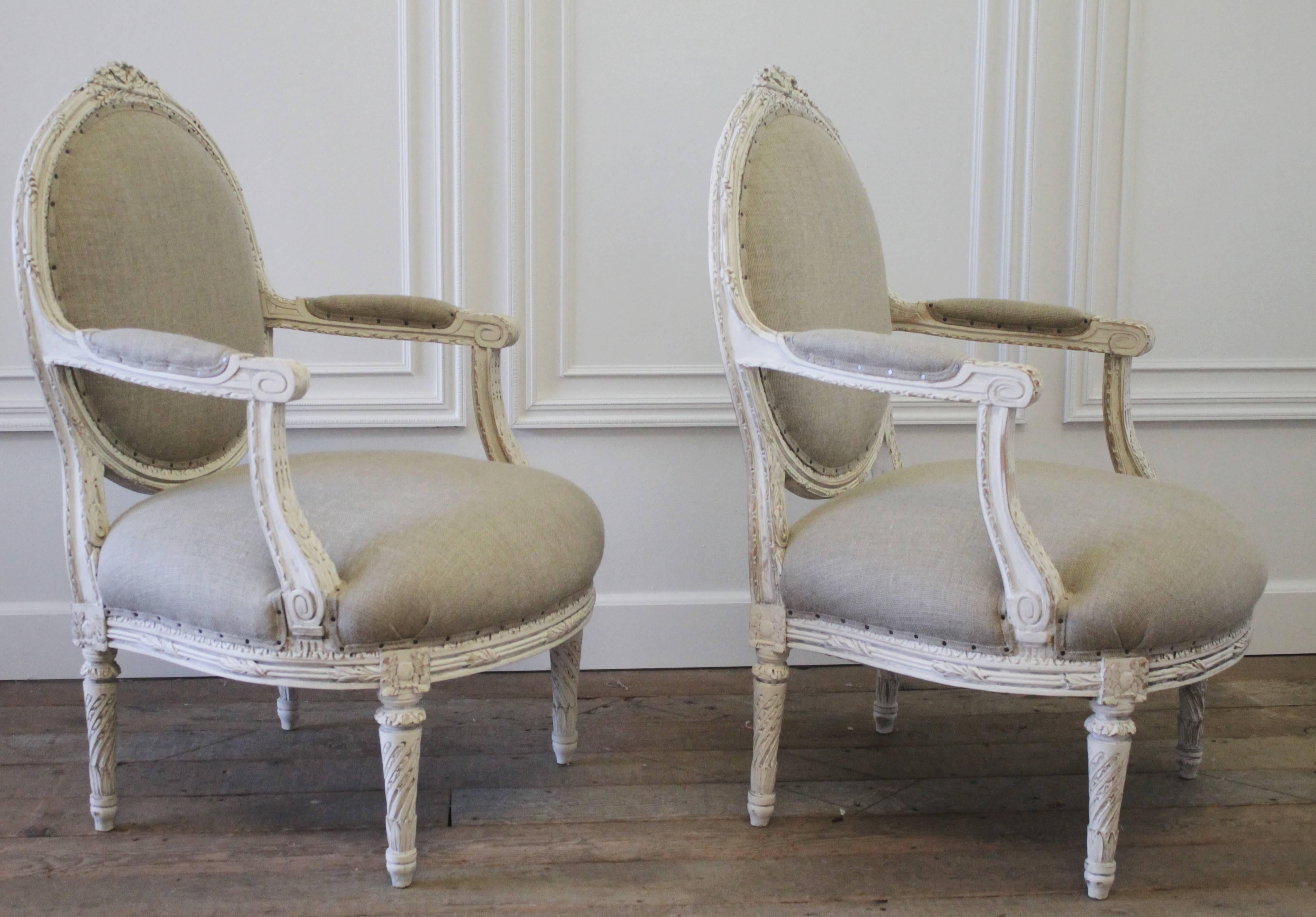 Louis XVI Style French Painted Armchairs in Nubby Linen 1