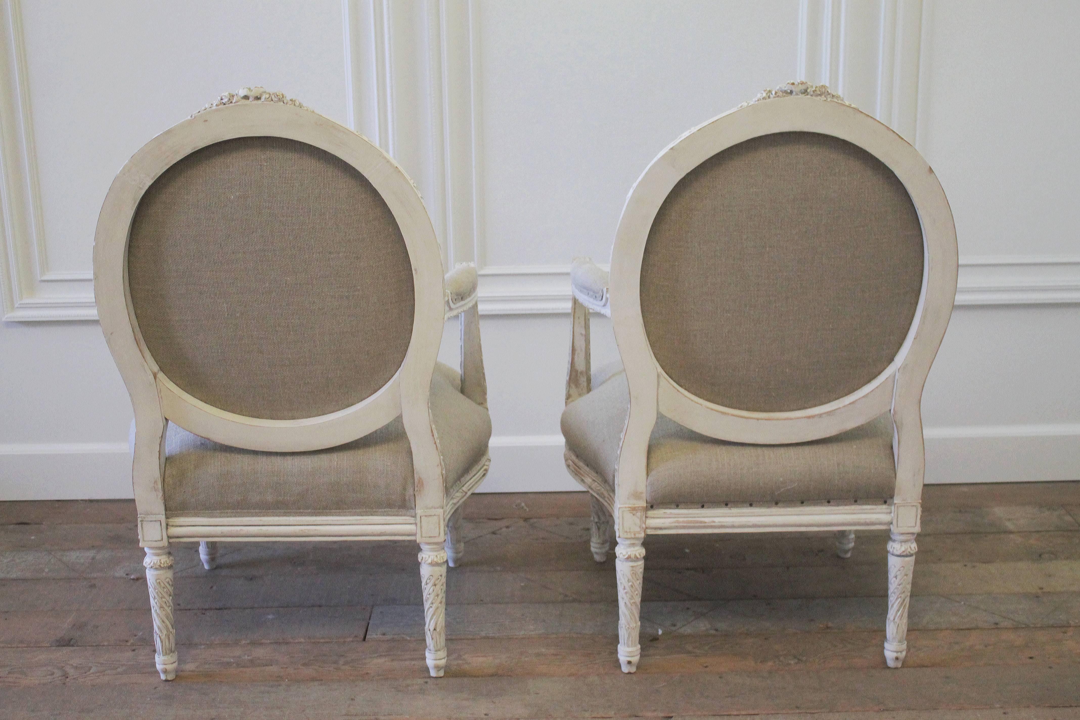 Louis XVI Style French Painted Armchairs in Nubby Linen 2