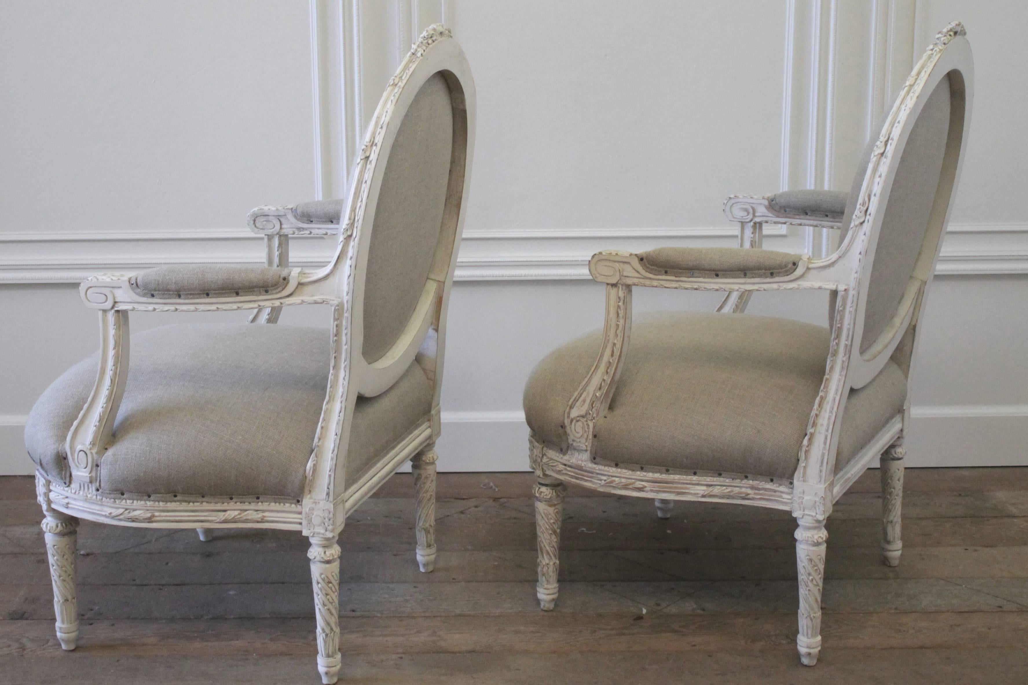 Louis XVI Style French Painted Armchairs in Nubby Linen 3