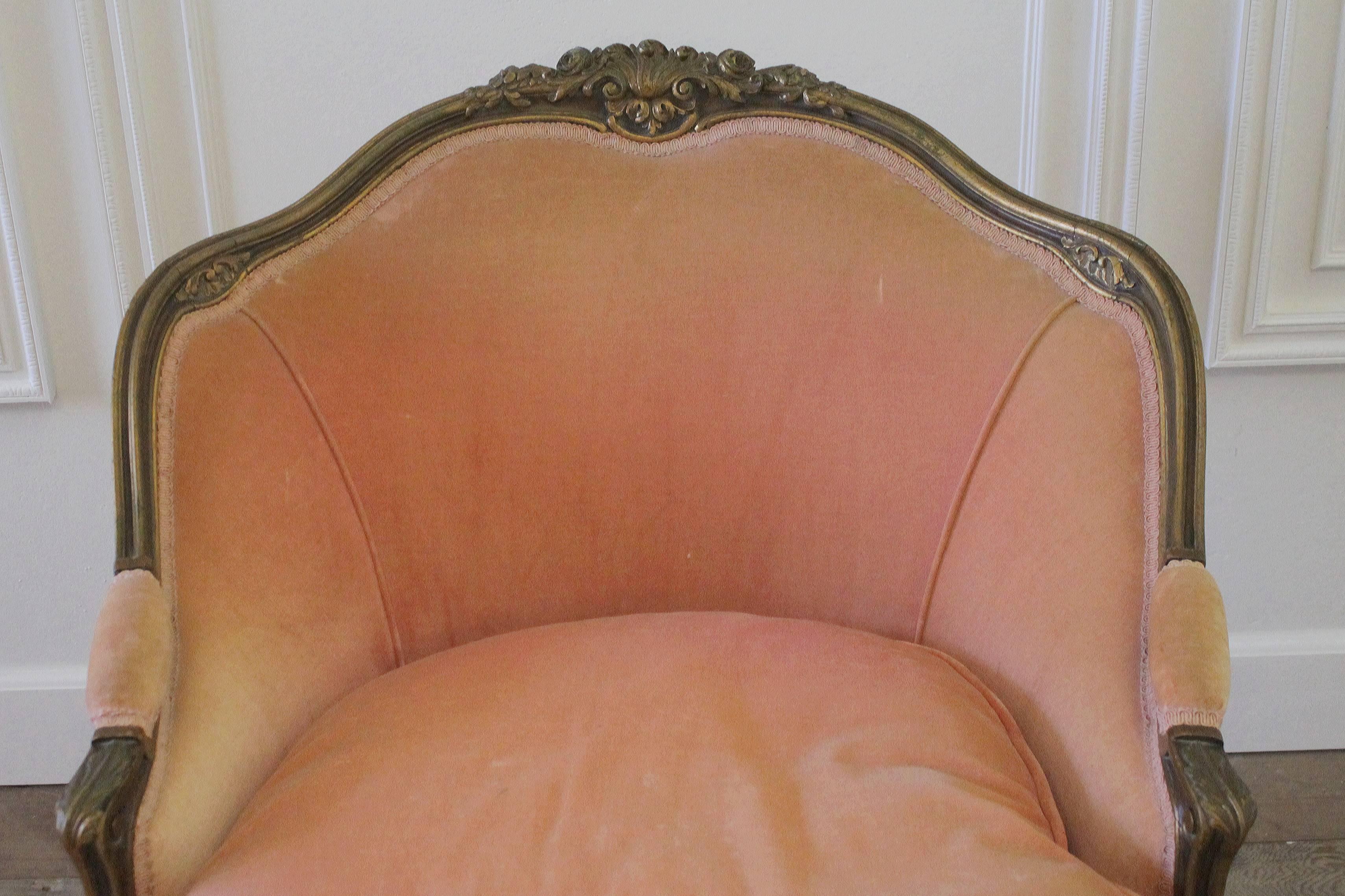 Down 19th Century Antique French Louis XV Style Chaise Longue in Vintage Velvet