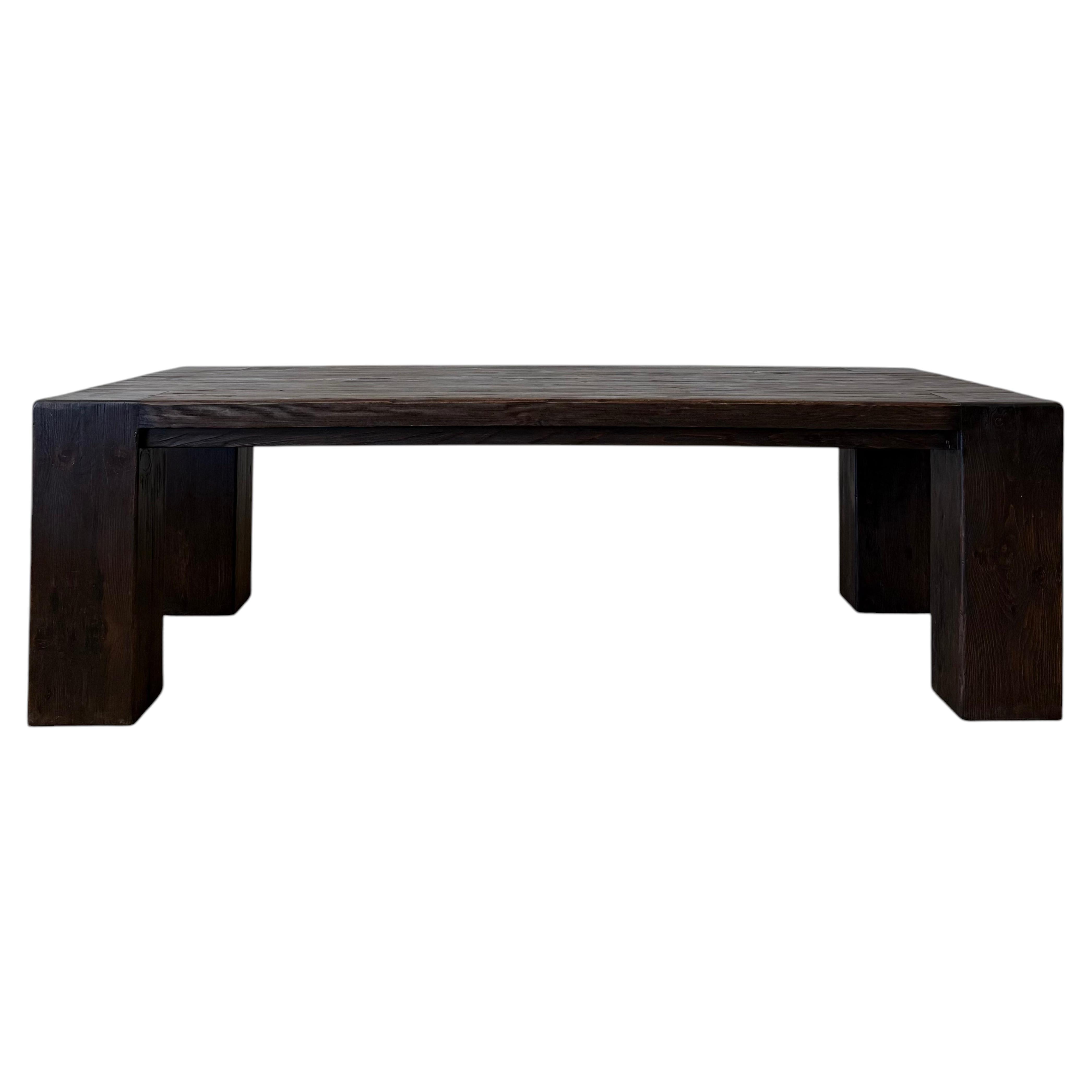 Beam Style Reclaimed 96” Pine Dining Table in Dark Walnut Finish For Sale