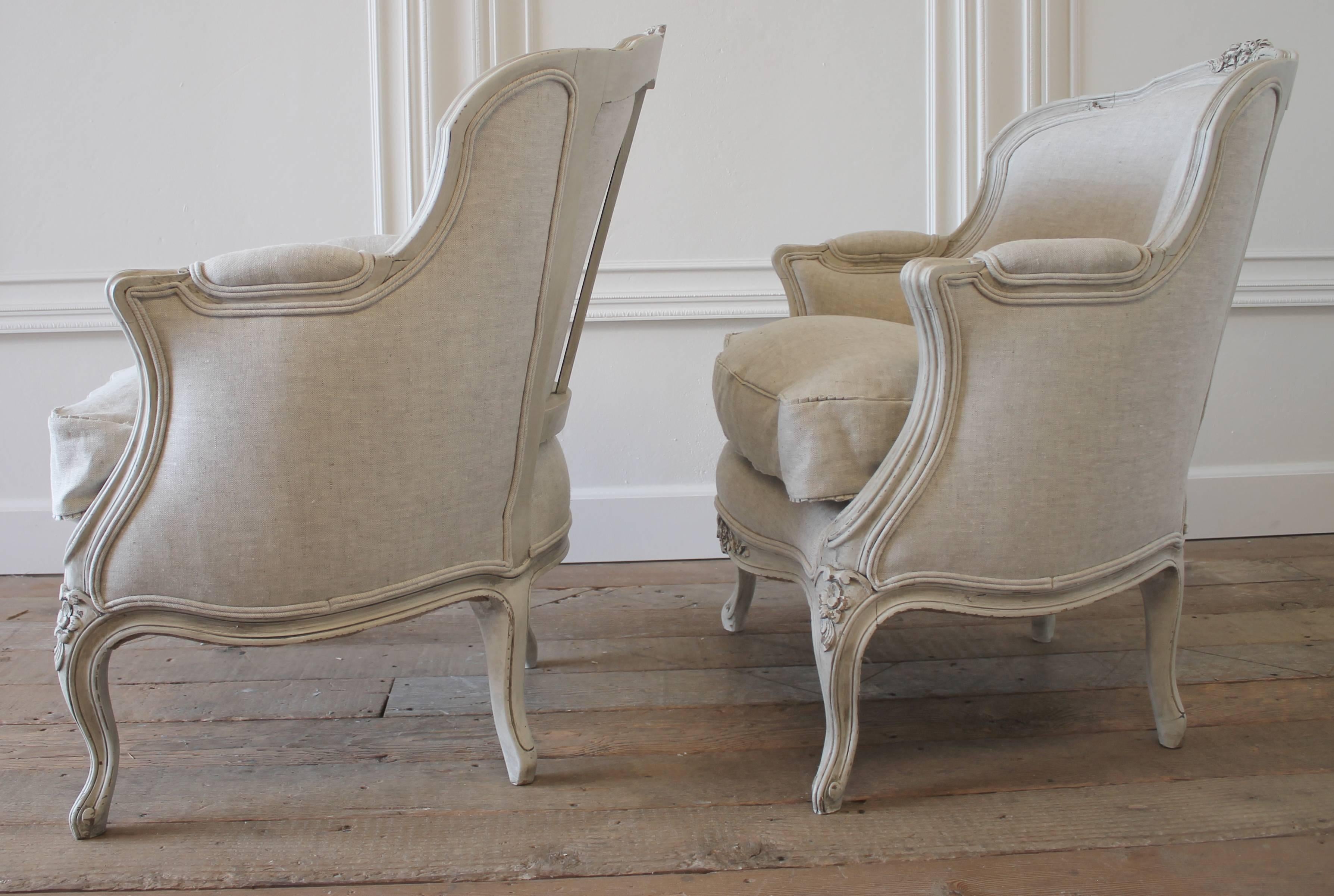 Down Pair of 19th Century Painted Louis XV Style French Bergere Chairs in Linen