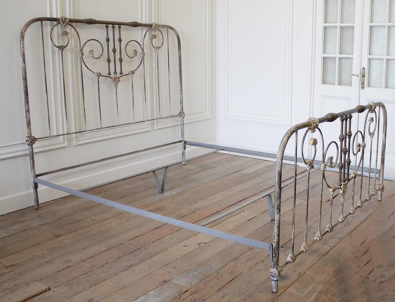 Vintage KingSize Parisian Style Iron Bed with Distressed Paint Finish