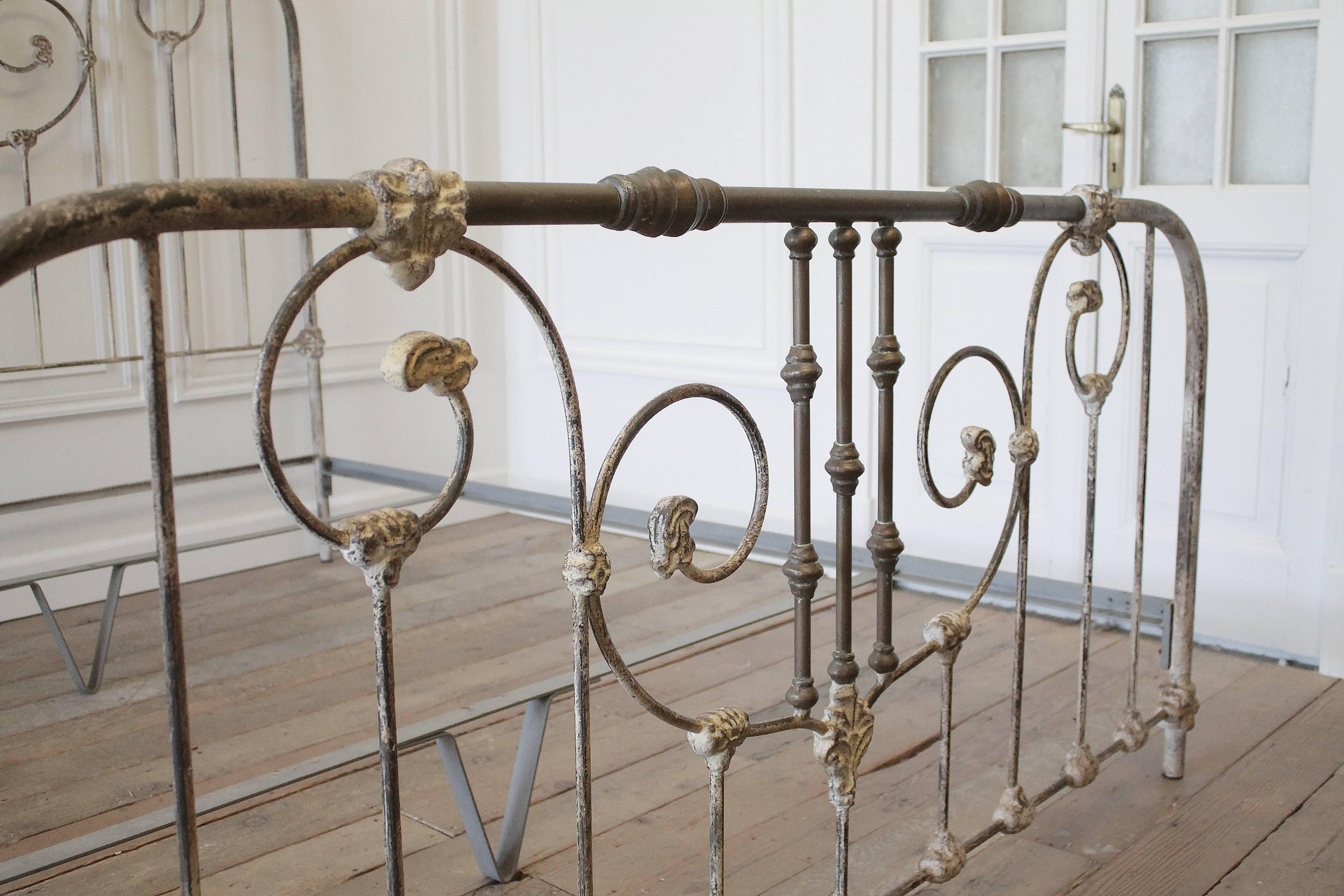 American Vintage King-Size Parisian Style Iron Bed with Distressed Paint Finish