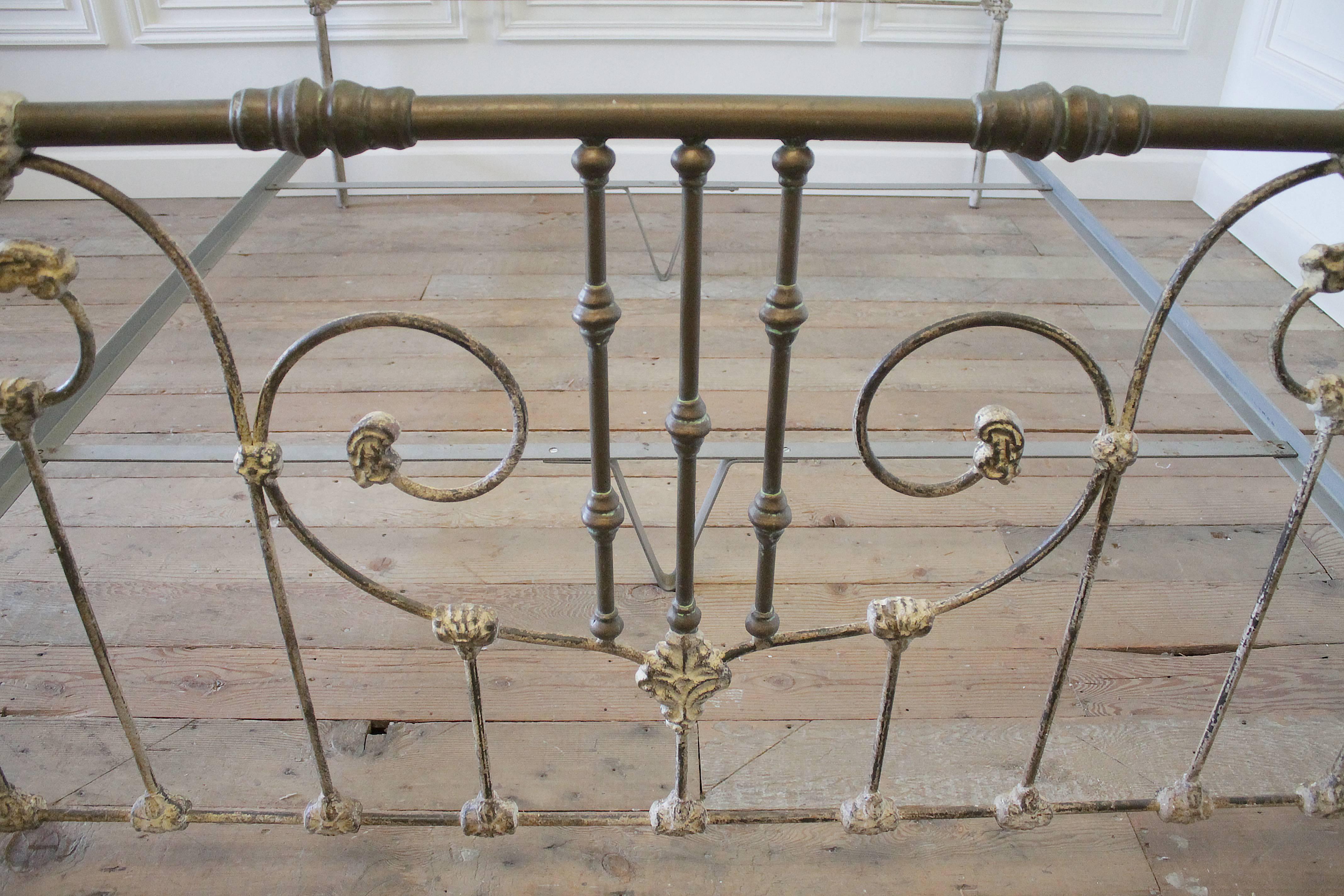 Vintage King-Size Parisian Style Iron Bed with Distressed Paint Finish In Excellent Condition In Brea, CA