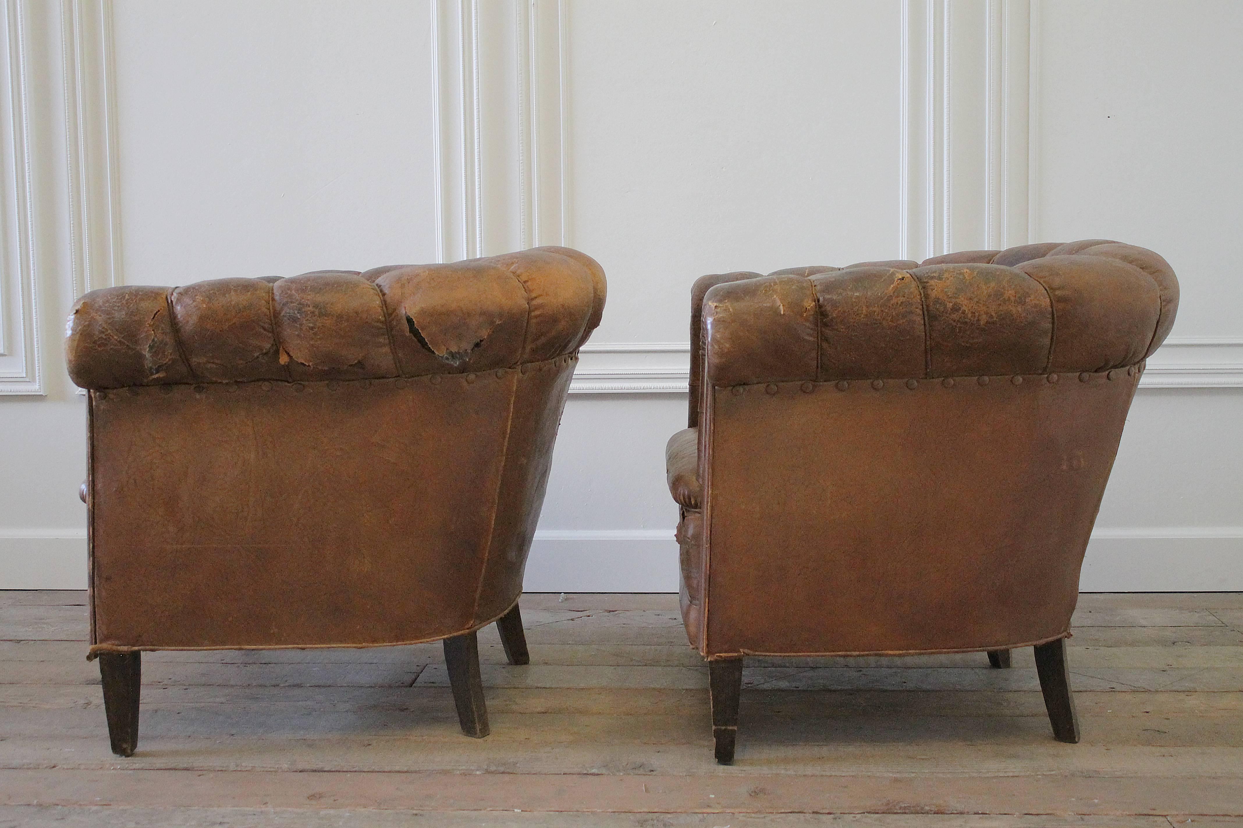 Pair of French Leather Tub Chairs In Good Condition In Brea, CA