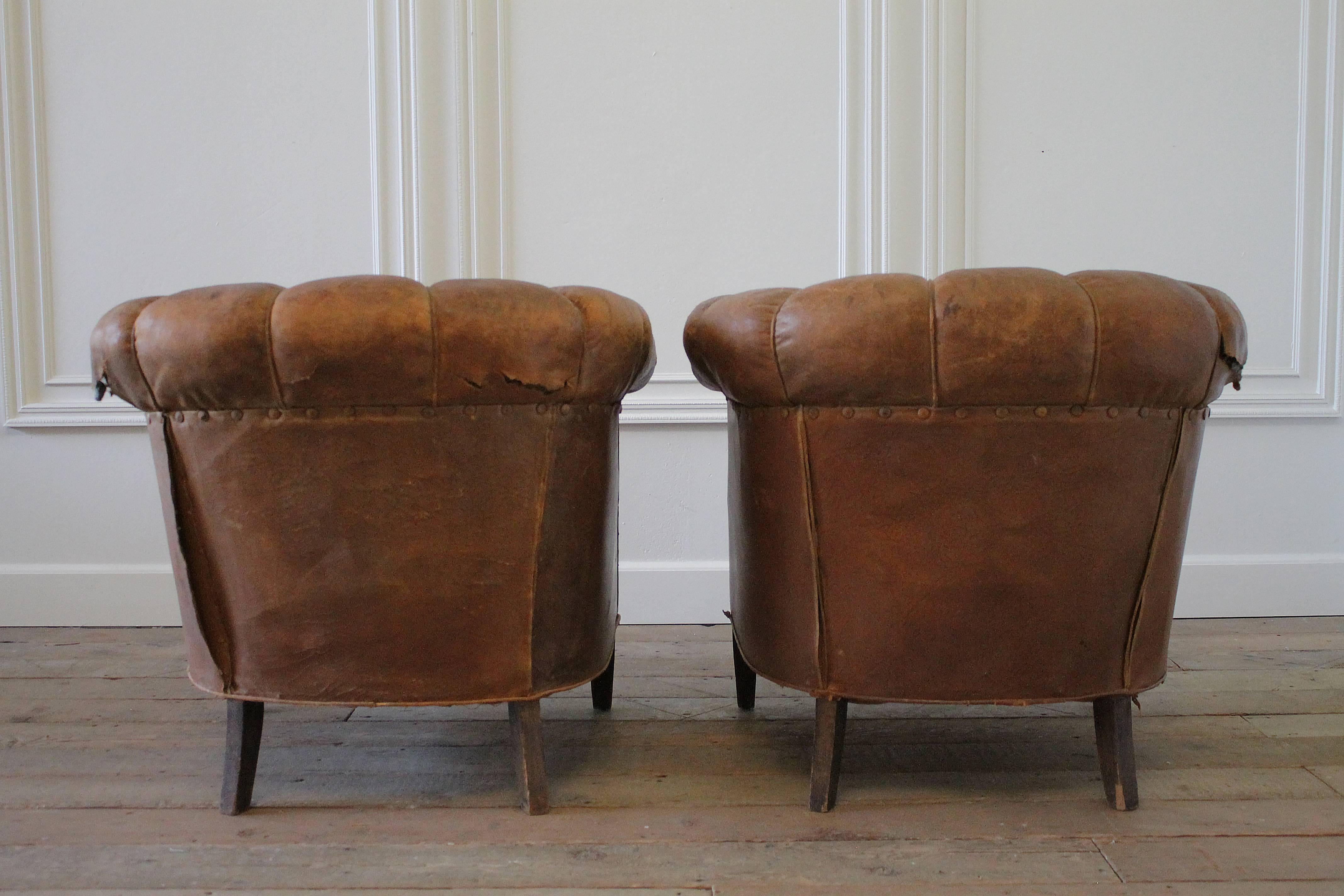 20th Century Pair of French Leather Tub Chairs
