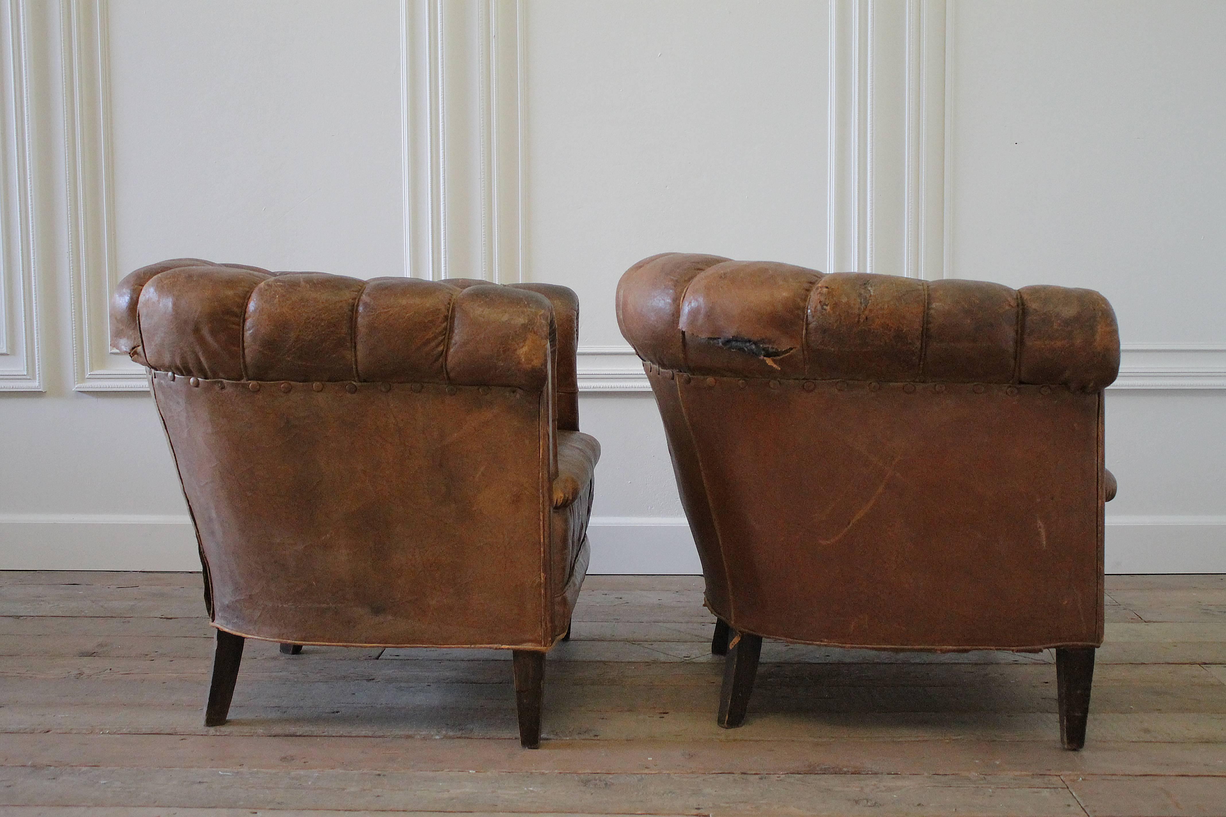 Wood Pair of French Leather Tub Chairs