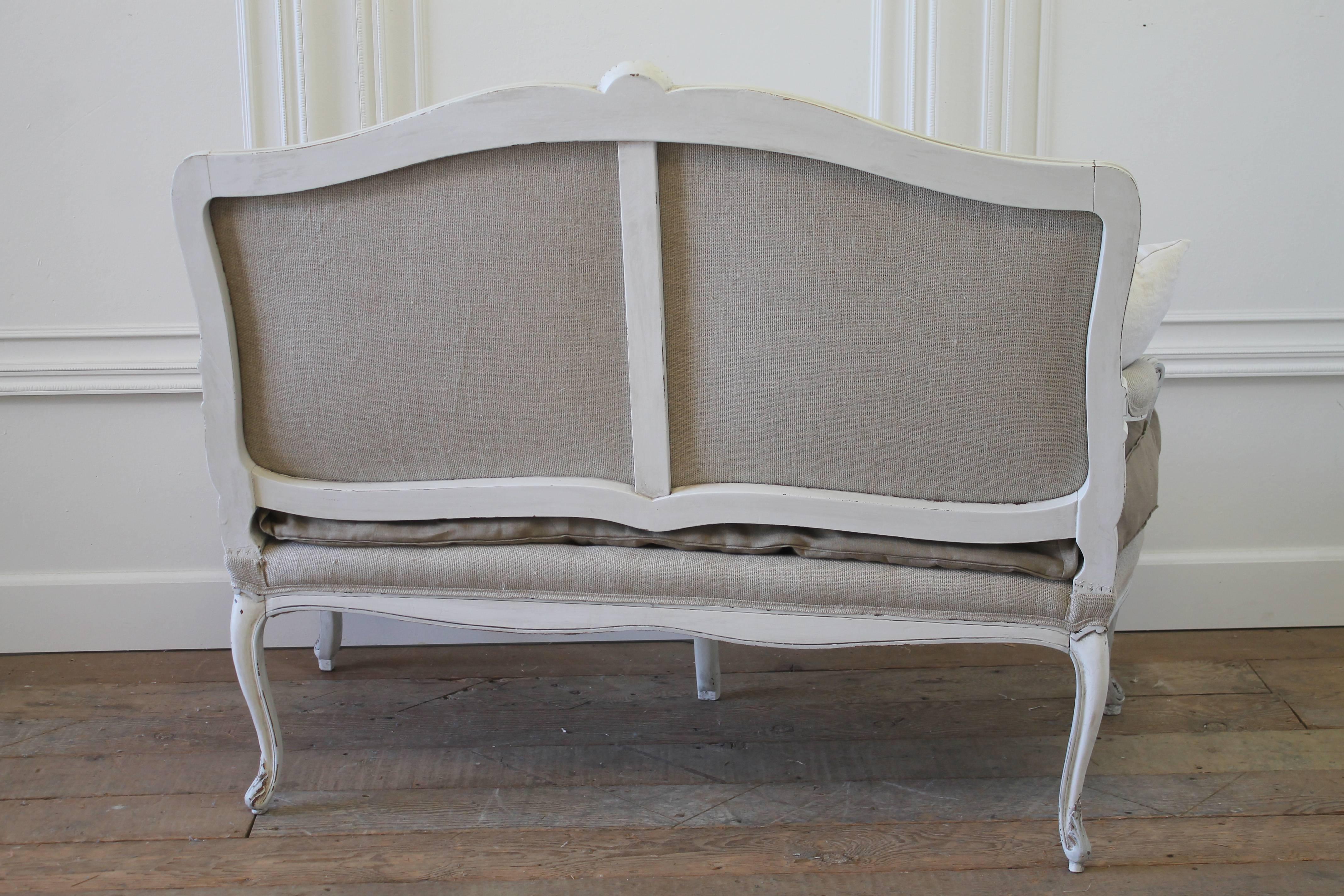 19th Century Antique Painted French Louis XV Carved Settee in Organic Irish Linen