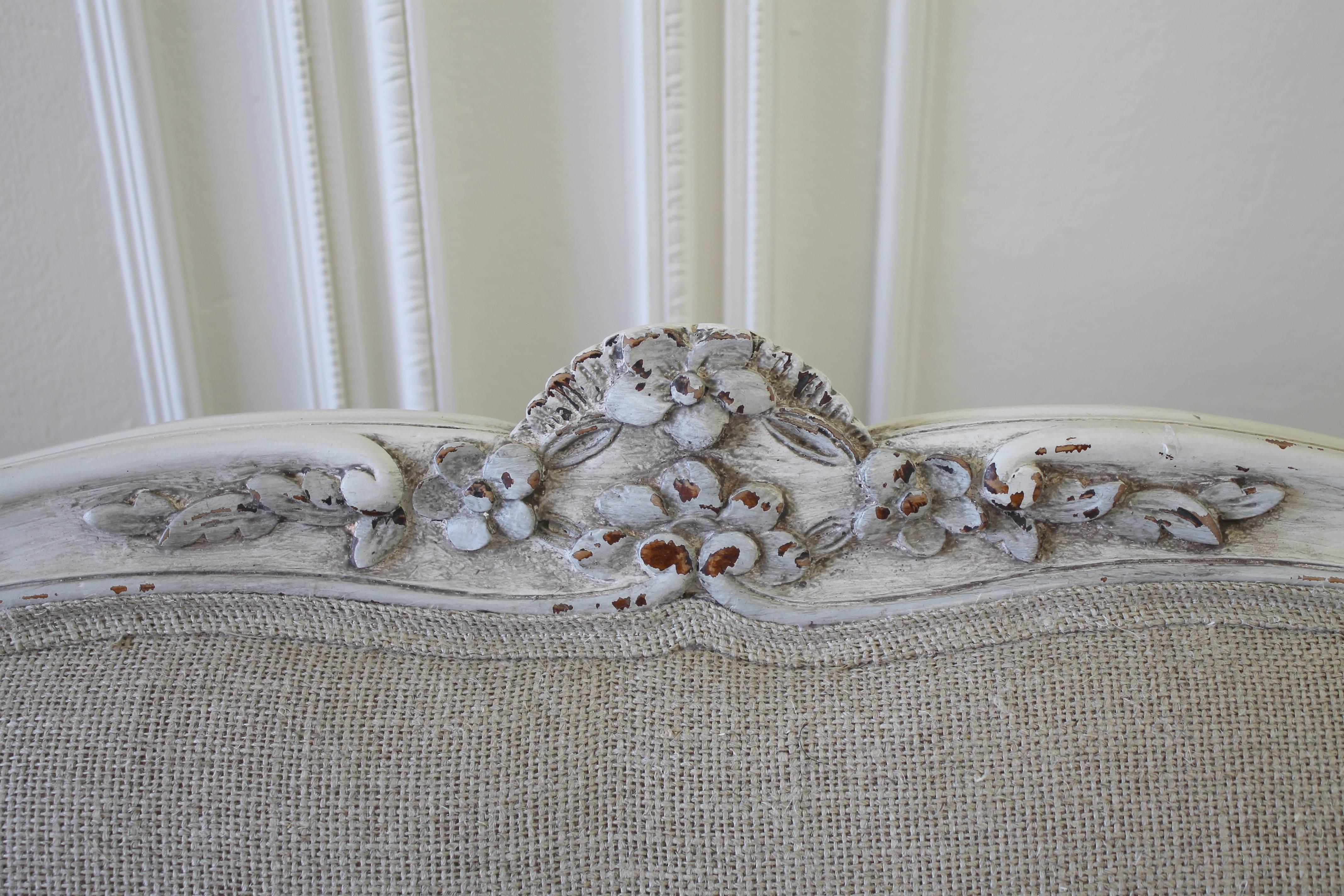 Antique Painted French Louis XV Carved Settee in Organic Irish Linen 2