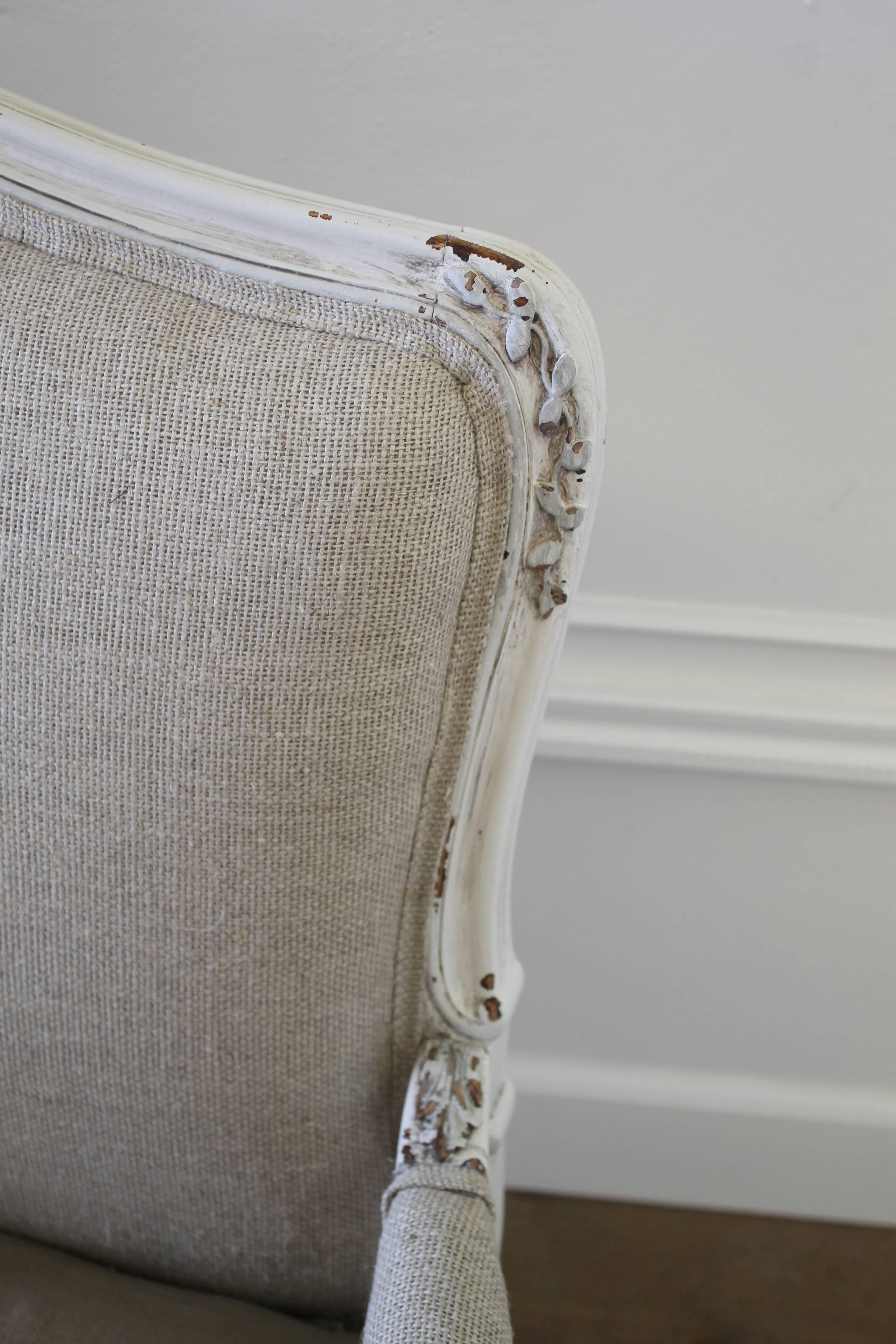 Antique Painted French Louis XV Carved Settee in Organic Irish Linen 3