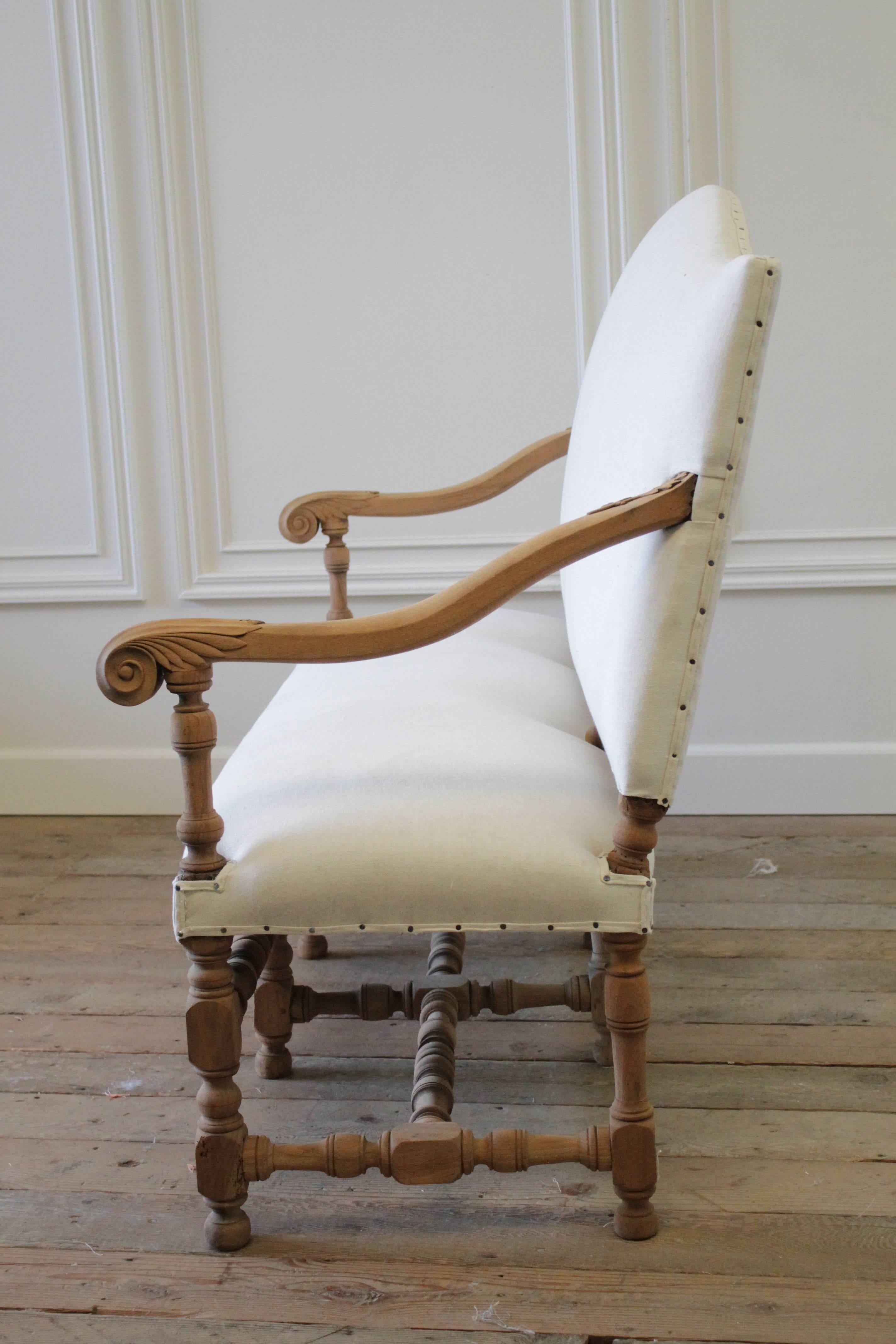 Antique Settee Bench Upholstered in Organic Natural Linen with Nail Trim In Excellent Condition In Brea, CA