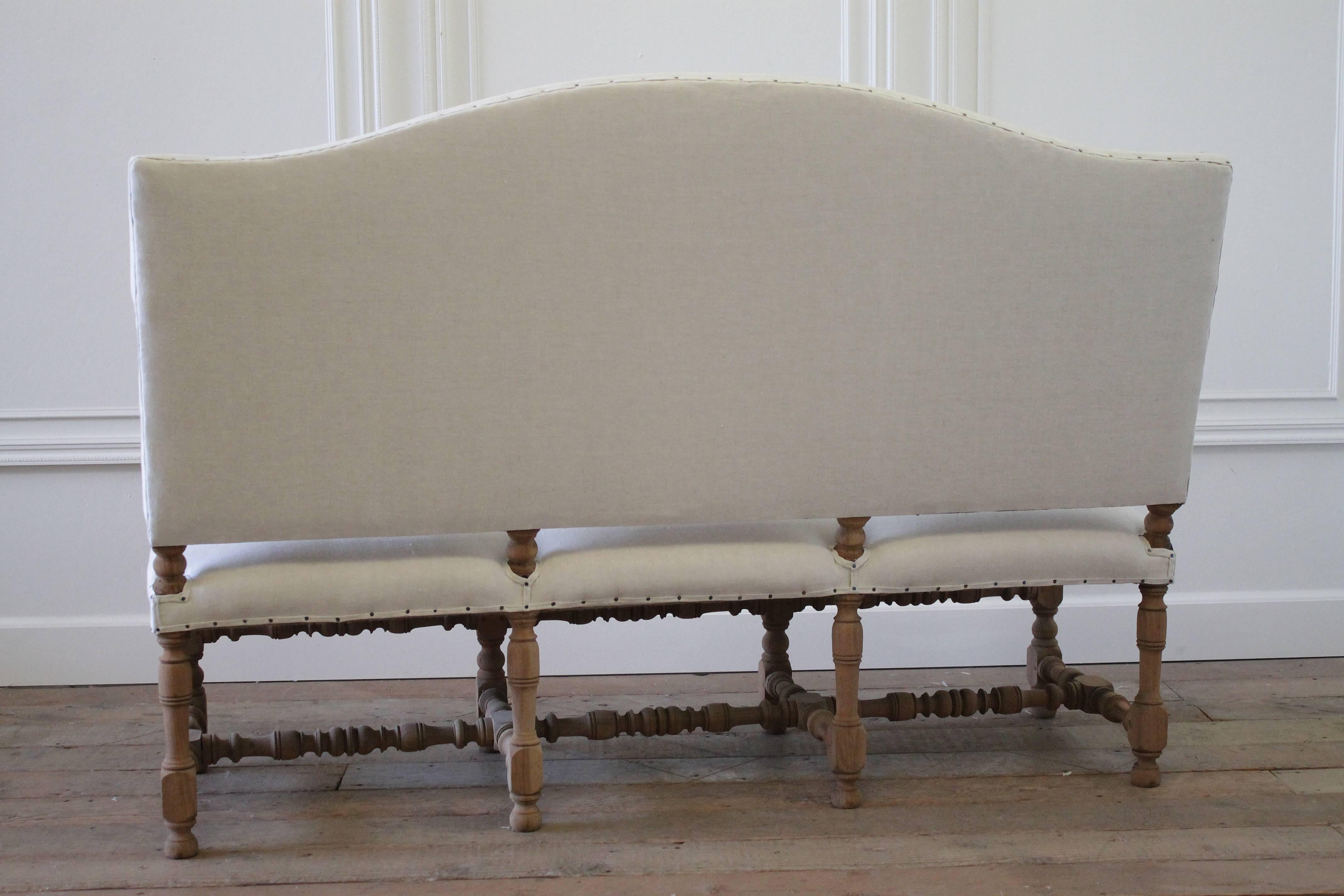 20th Century Antique Settee Bench Upholstered in Organic Natural Linen with Nail Trim