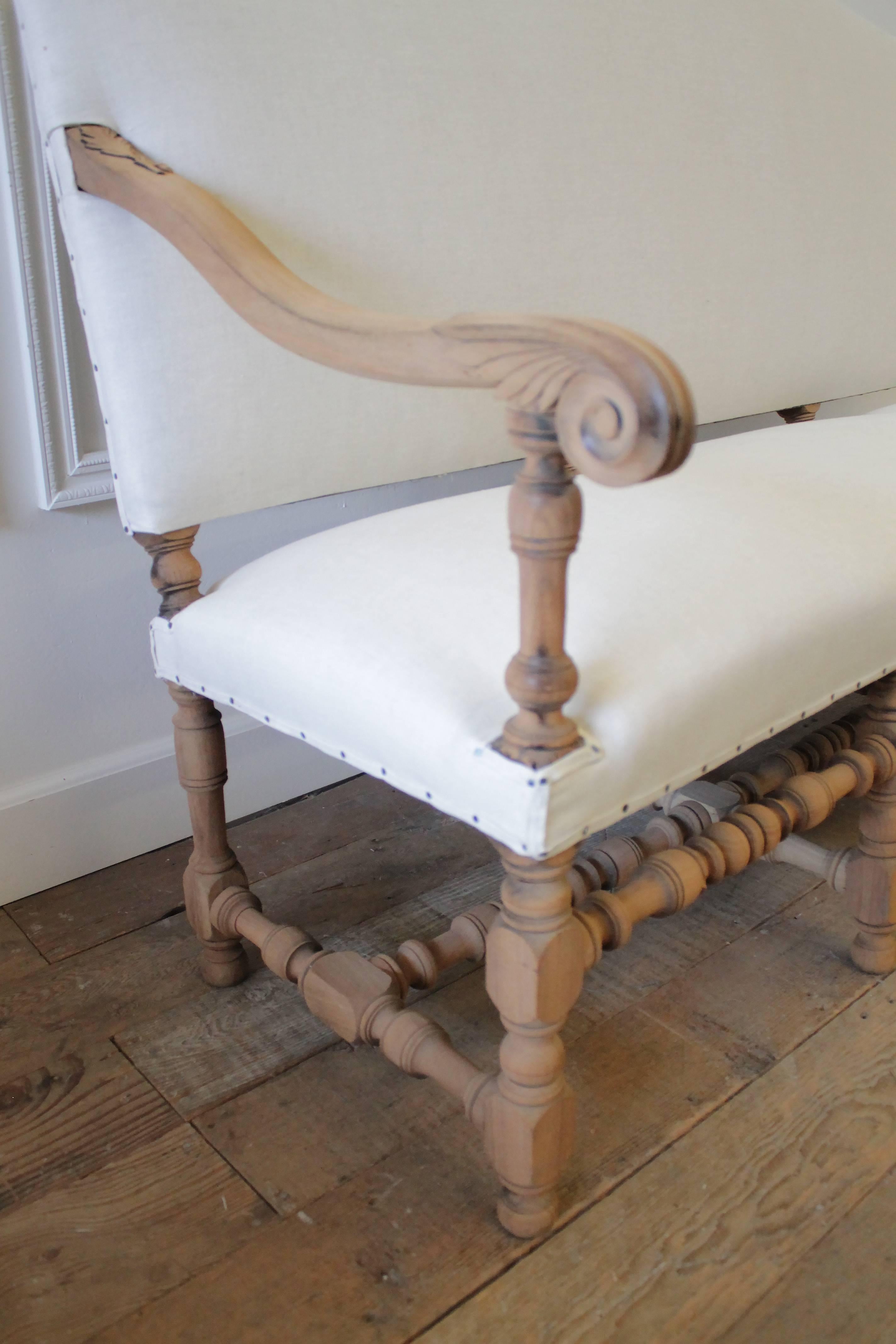 Antique Settee Bench Upholstered in Organic Natural Linen with Nail Trim 2