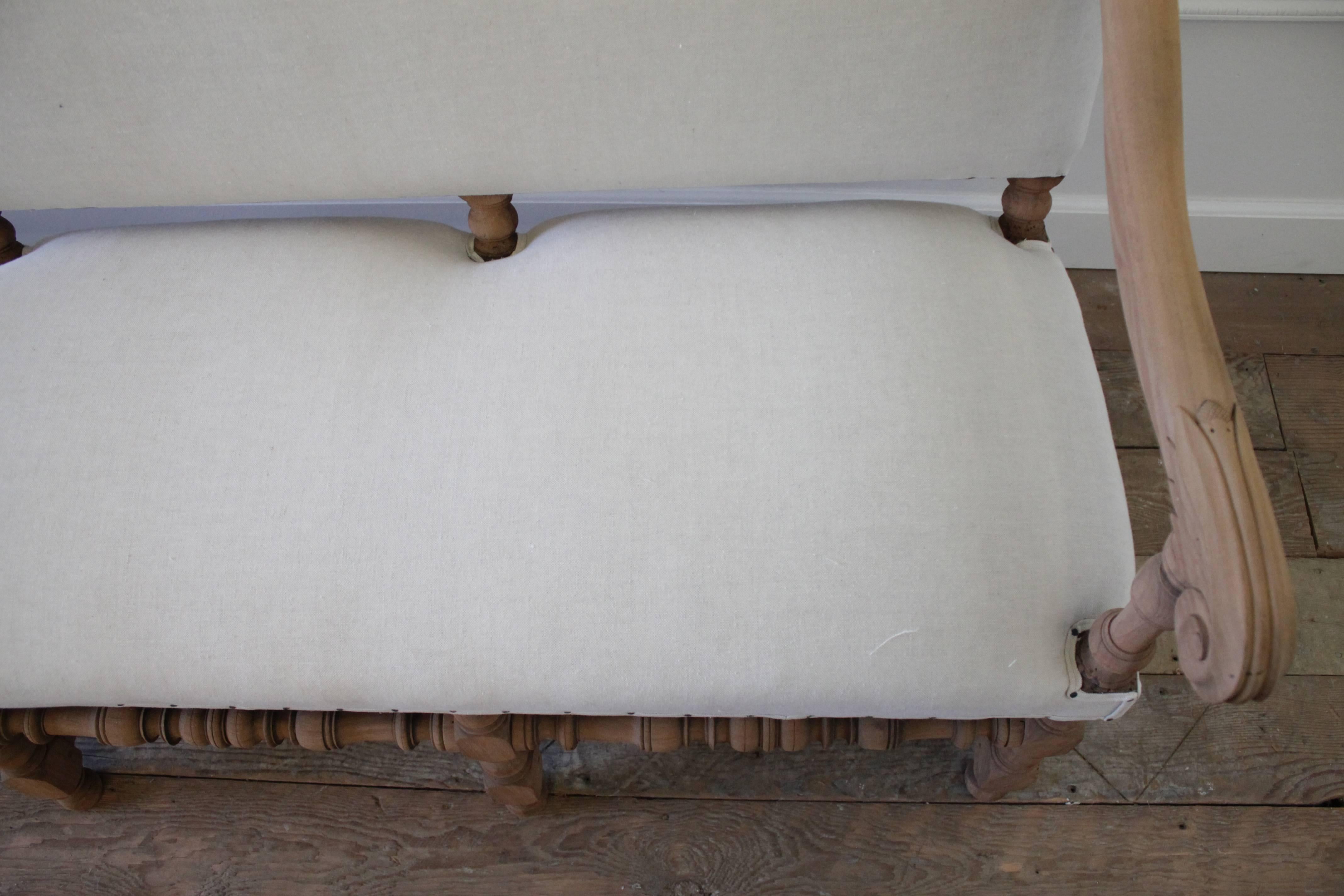 Antique Settee Bench Upholstered in Organic Natural Linen with Nail Trim 5