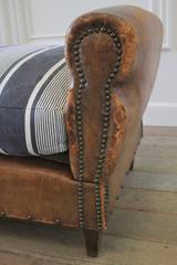 Antique French Leather Drop Arm Daybed Sofa with French Mattress Ticking