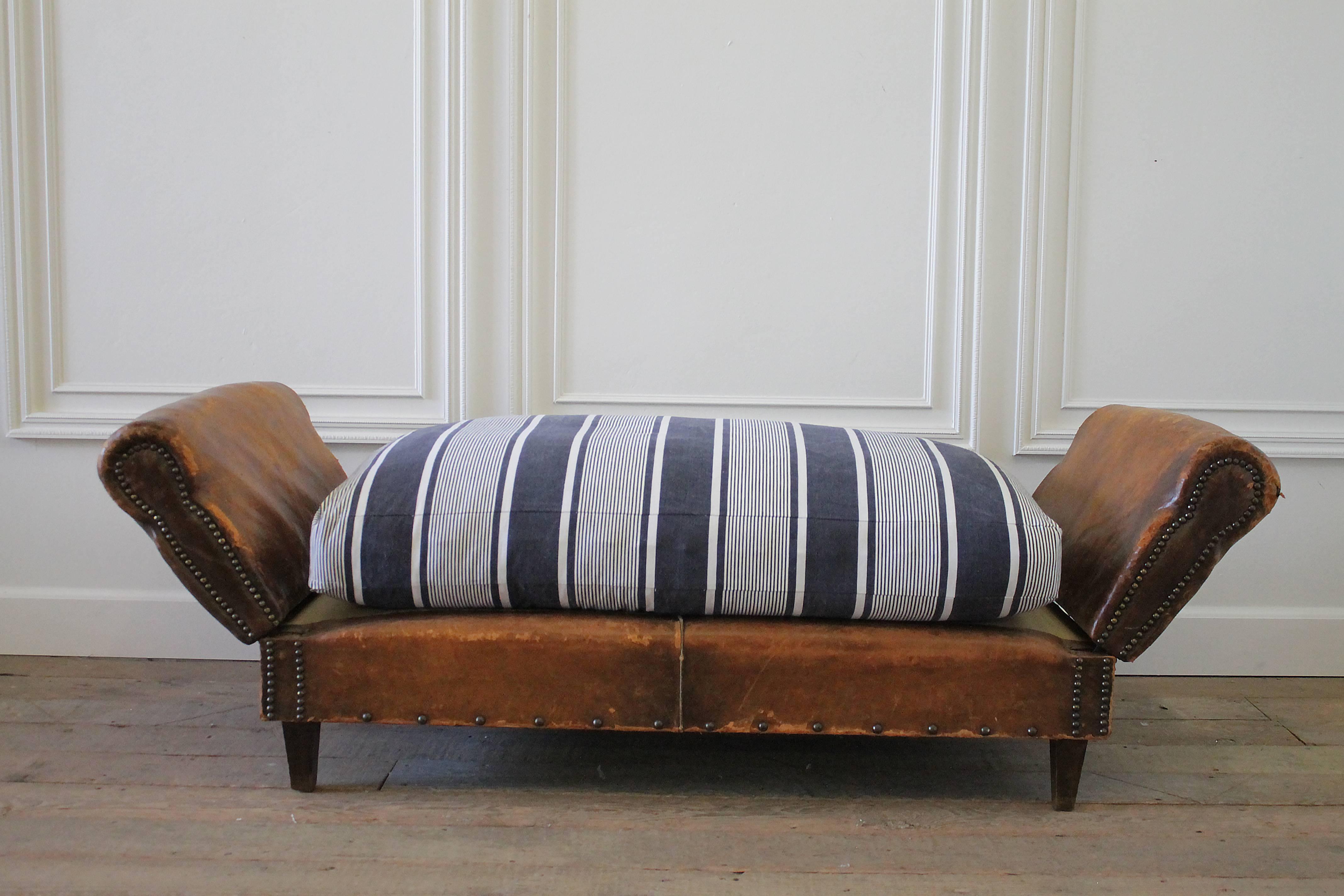 Art Deco Antique French Leather Drop Arm Daybed Sofa with French Mattress Ticking