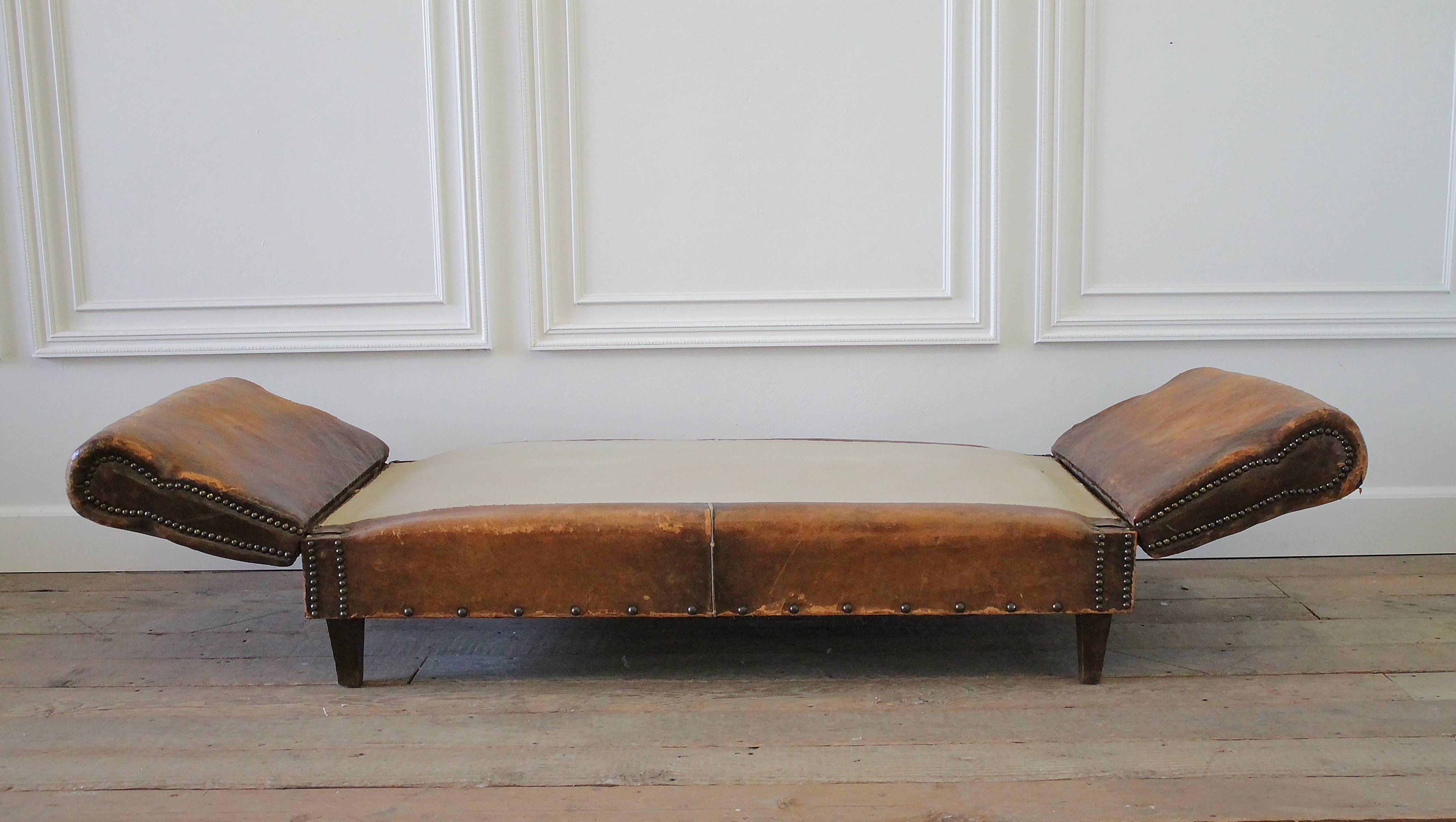 20th Century Antique French Leather Drop Arm Daybed Sofa with French Mattress Ticking