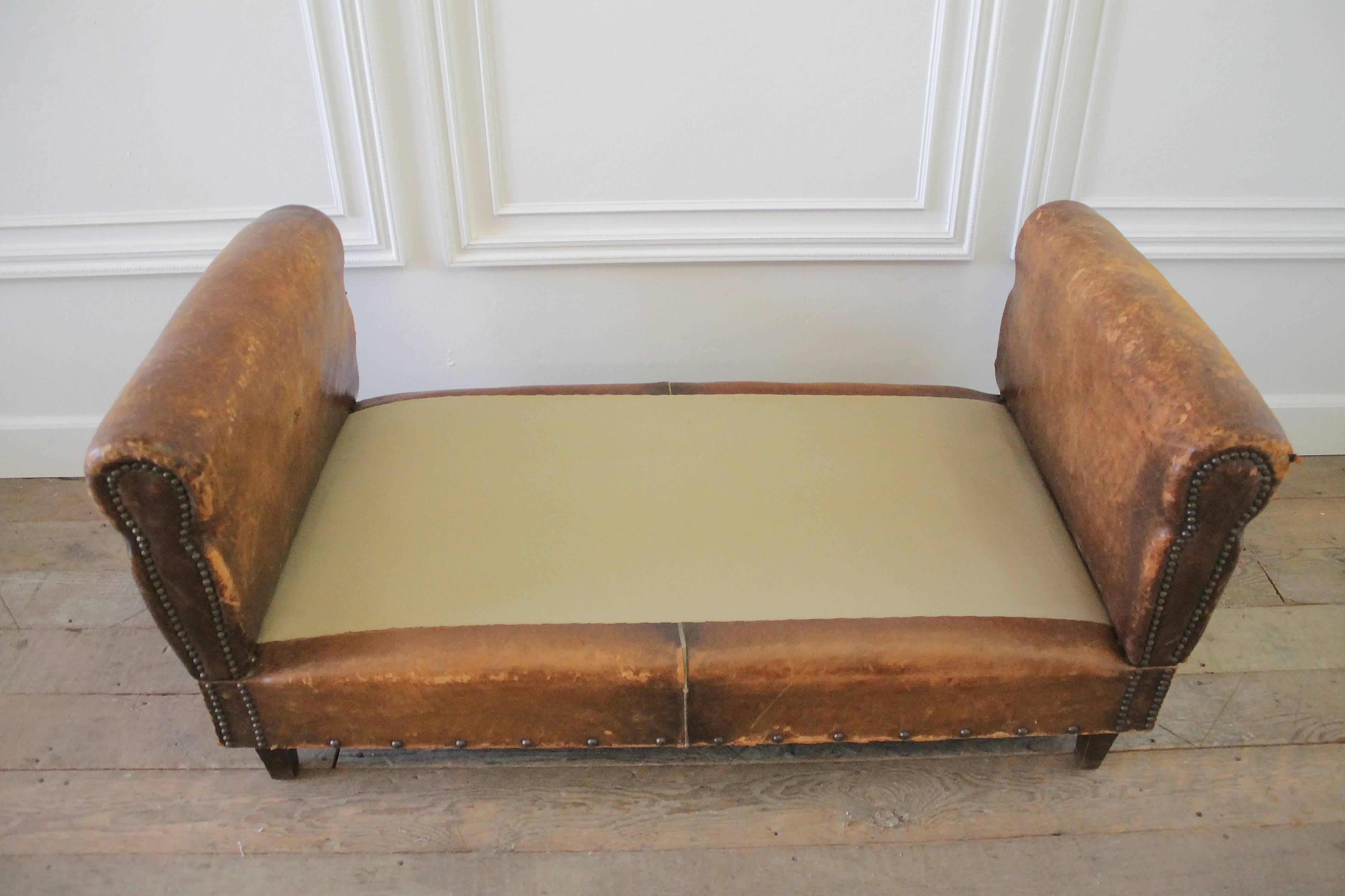 Down Antique French Leather Drop Arm Daybed Sofa with French Mattress Ticking
