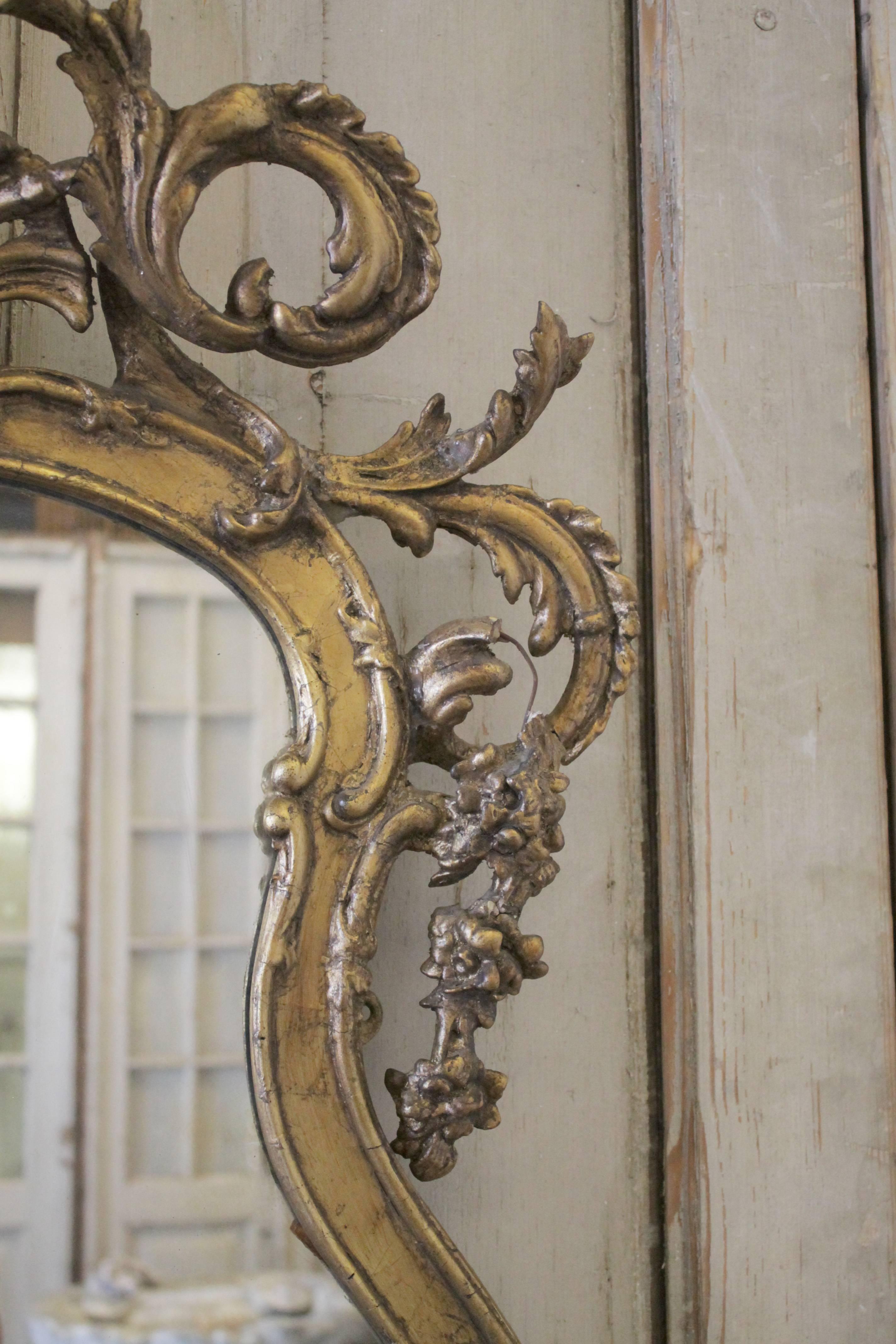 Rococo Pair of Two 18th Century French Giltwood Rocaille Mirrors with Girandoles