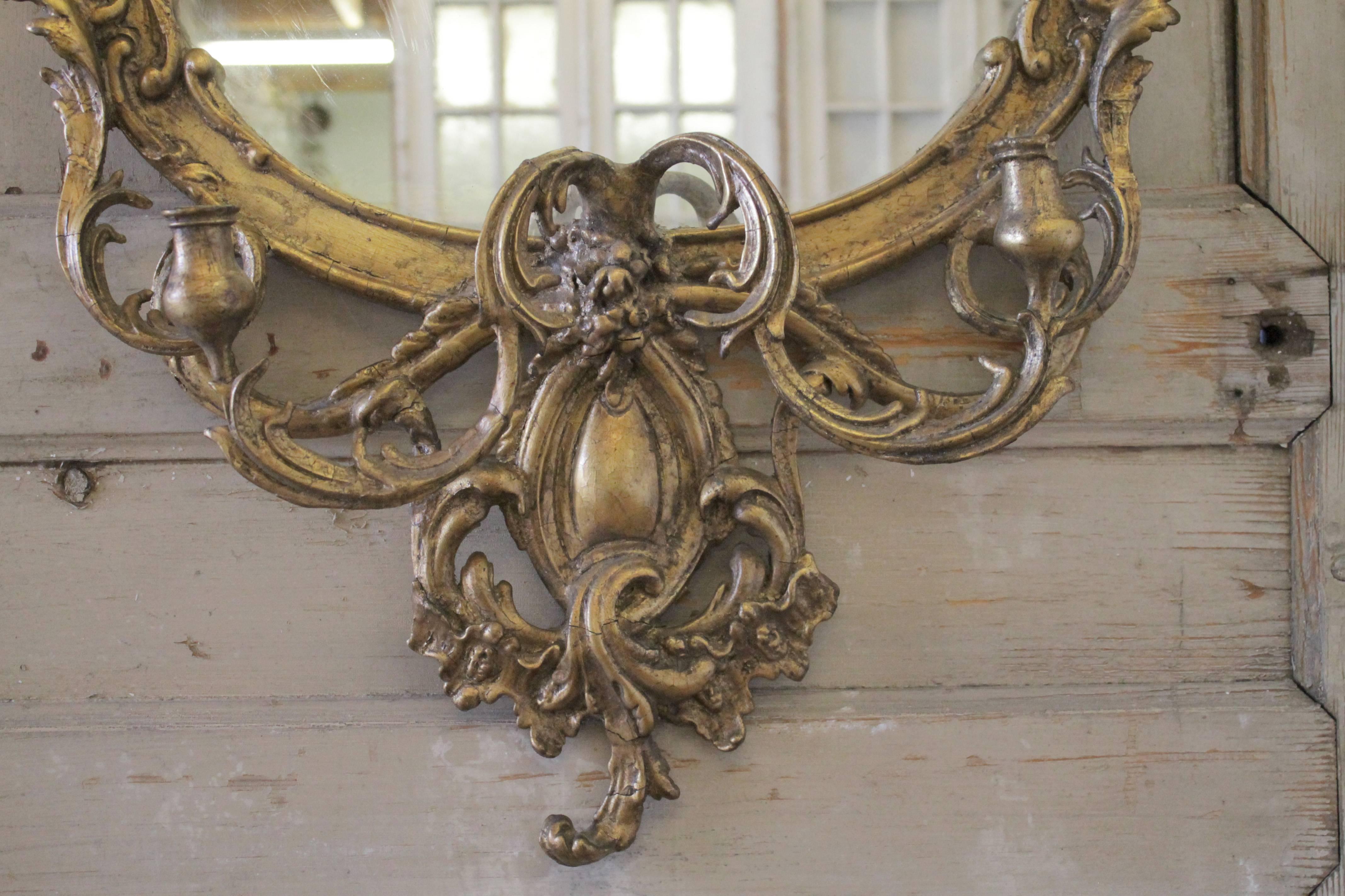 Pair of Two 18th Century French Giltwood Rocaille Mirrors with Girandoles In Good Condition In Brea, CA