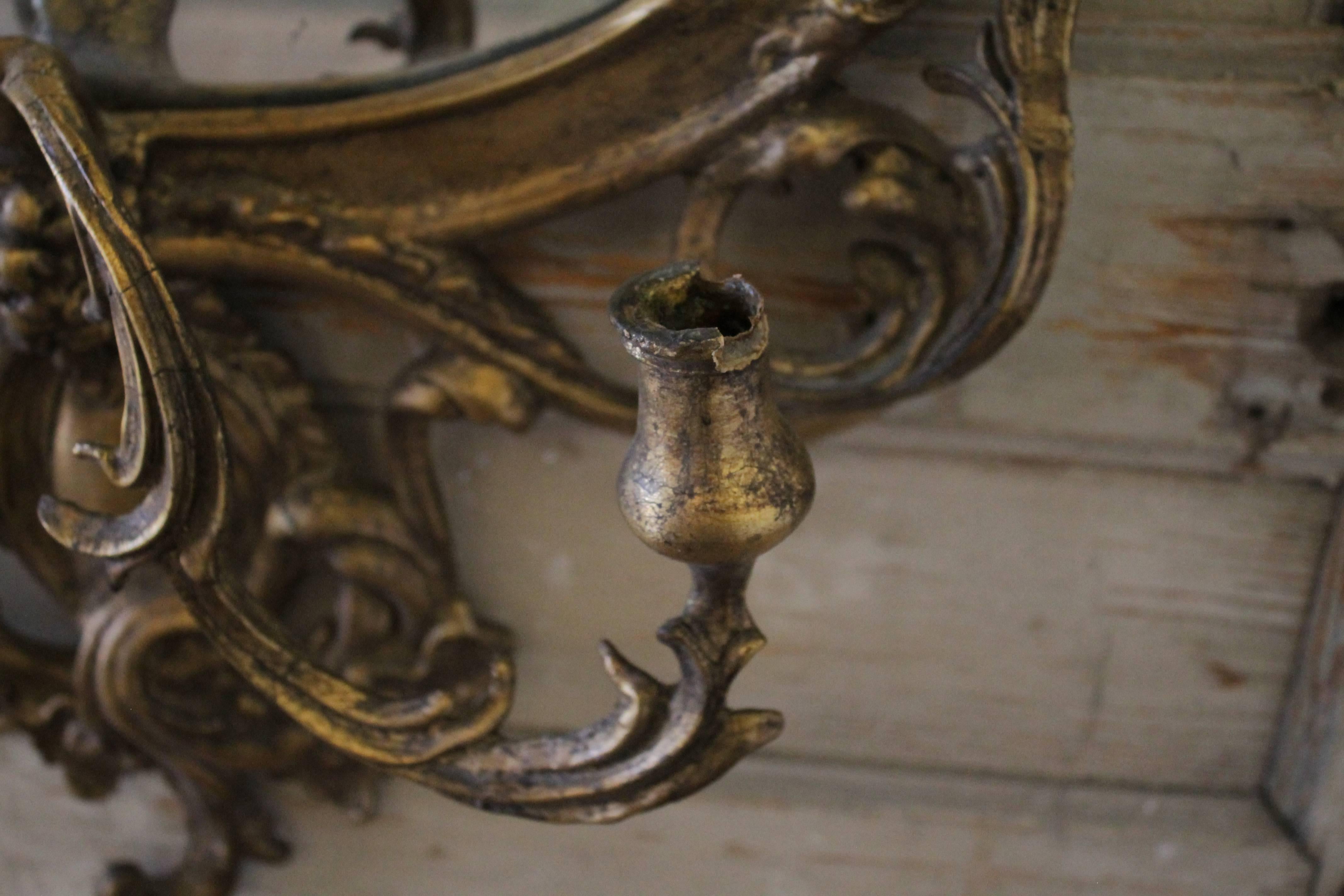 Gesso Pair of Two 18th Century French Giltwood Rocaille Mirrors with Girandoles