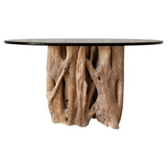 Vintage Root Dining Table with Glass Top and Solid Wood Base